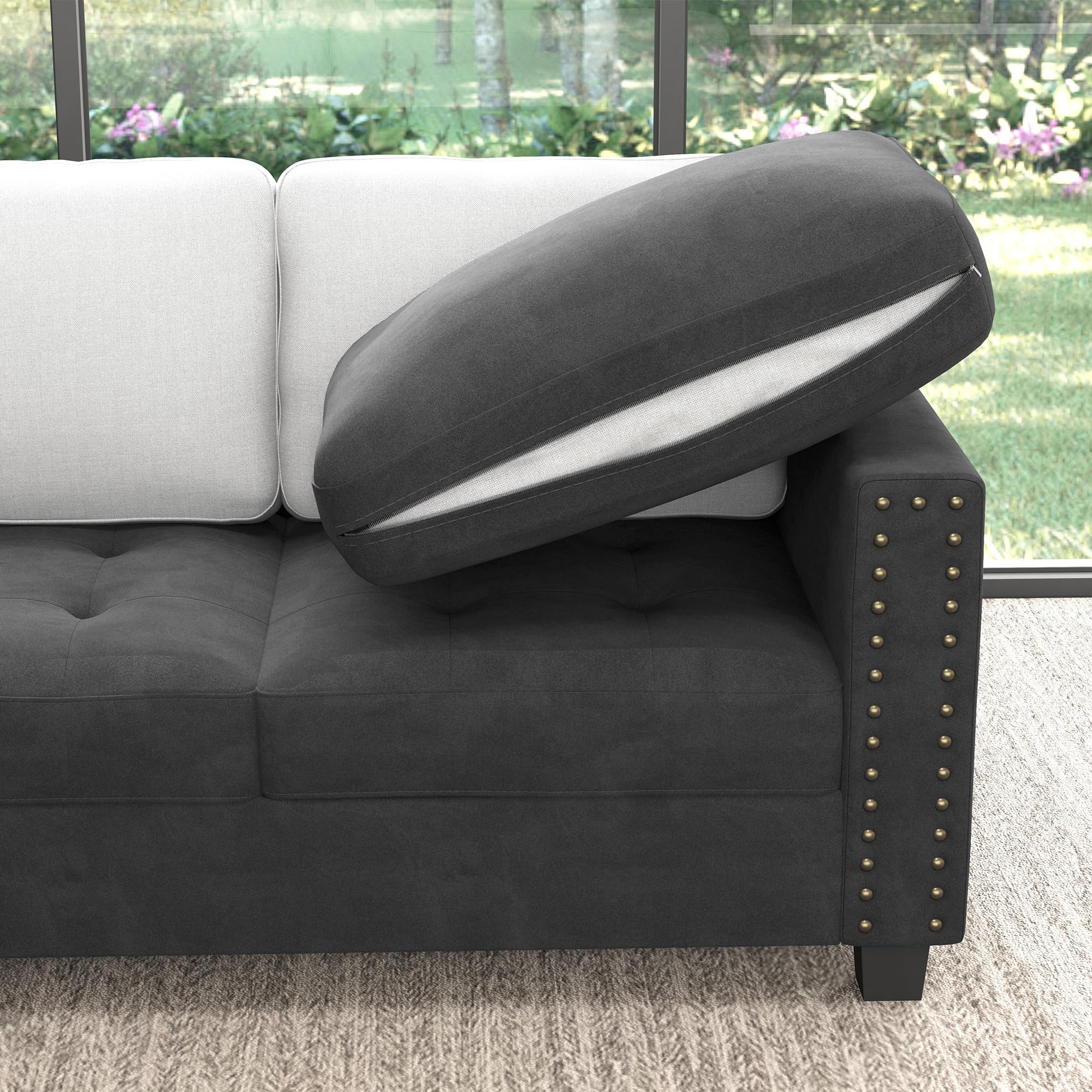 HONBAY Velvet Modular Sectional Sofa - L-Shaped Couch with Storage Ottoman & Top Tray, U-Shape Living Room Sofa in Grey | Perfect for Small Spaces, Apartments & Cozy Home Decor