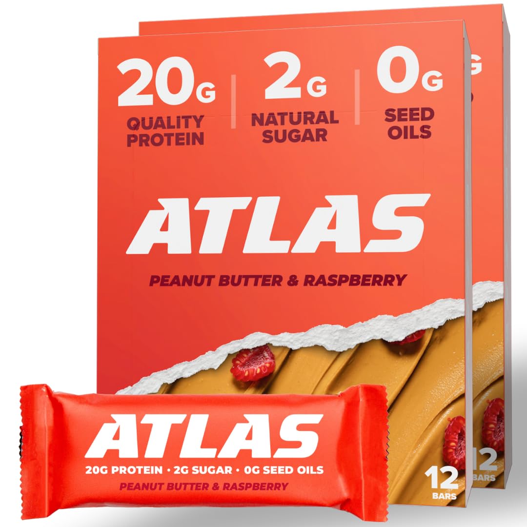 Atlas Protein Bar - 20g Protein, 1g Sugar, Clean Ingredients, No Seed Oils - Peanut Butter Raspberry Flavor (24 Count) | High Protein Snack for Gym, Hiking & Healthy On-the-Go Lifestyle