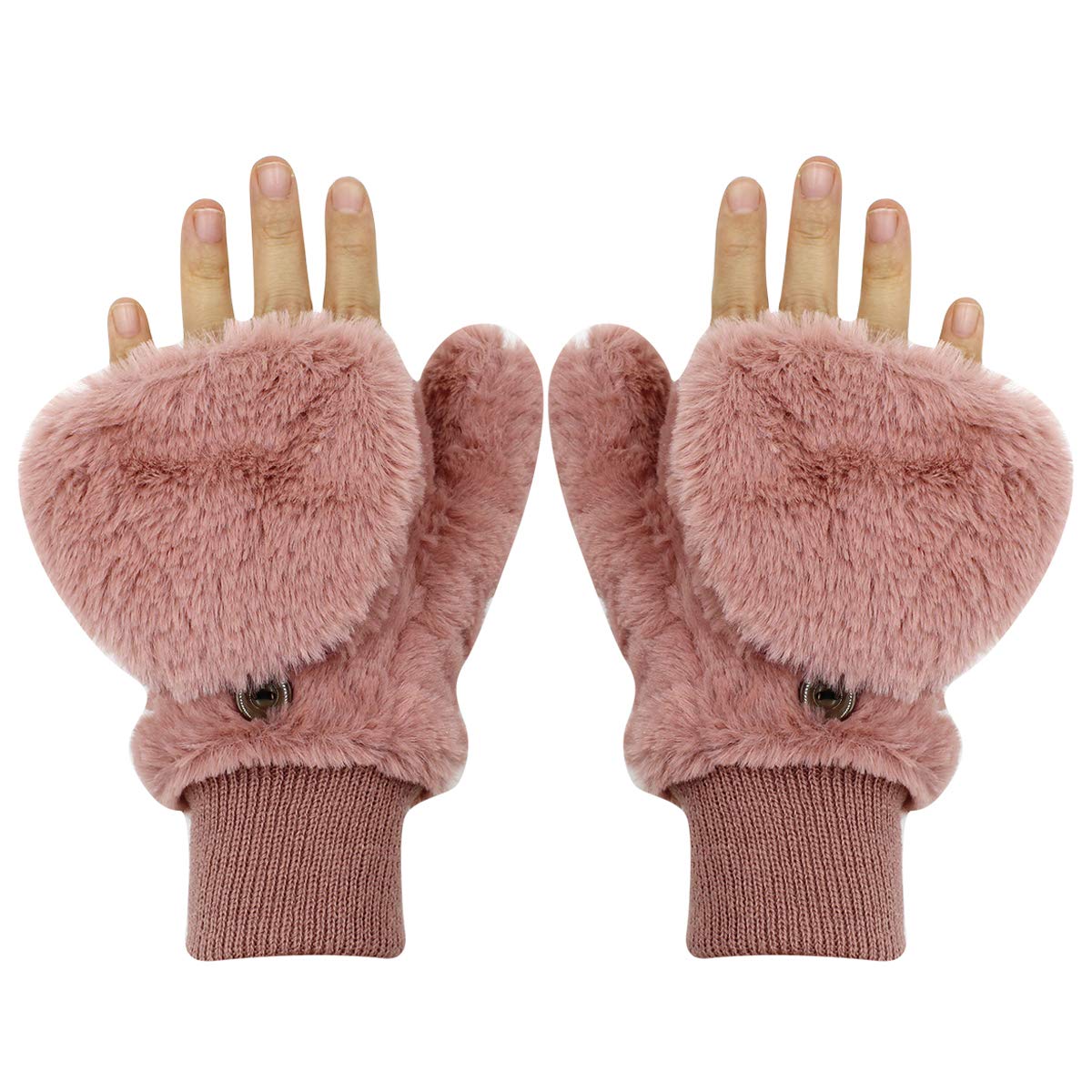 BOLLEY JOSS Women's Winter Gloves - Soft Faux Fur Wool Convertible Fingerless Mittens with Cover - Warm Touchscreen Gloves for Women & Girls - Perfect for Snowboarding, Skiing, and Cold Weather Activities