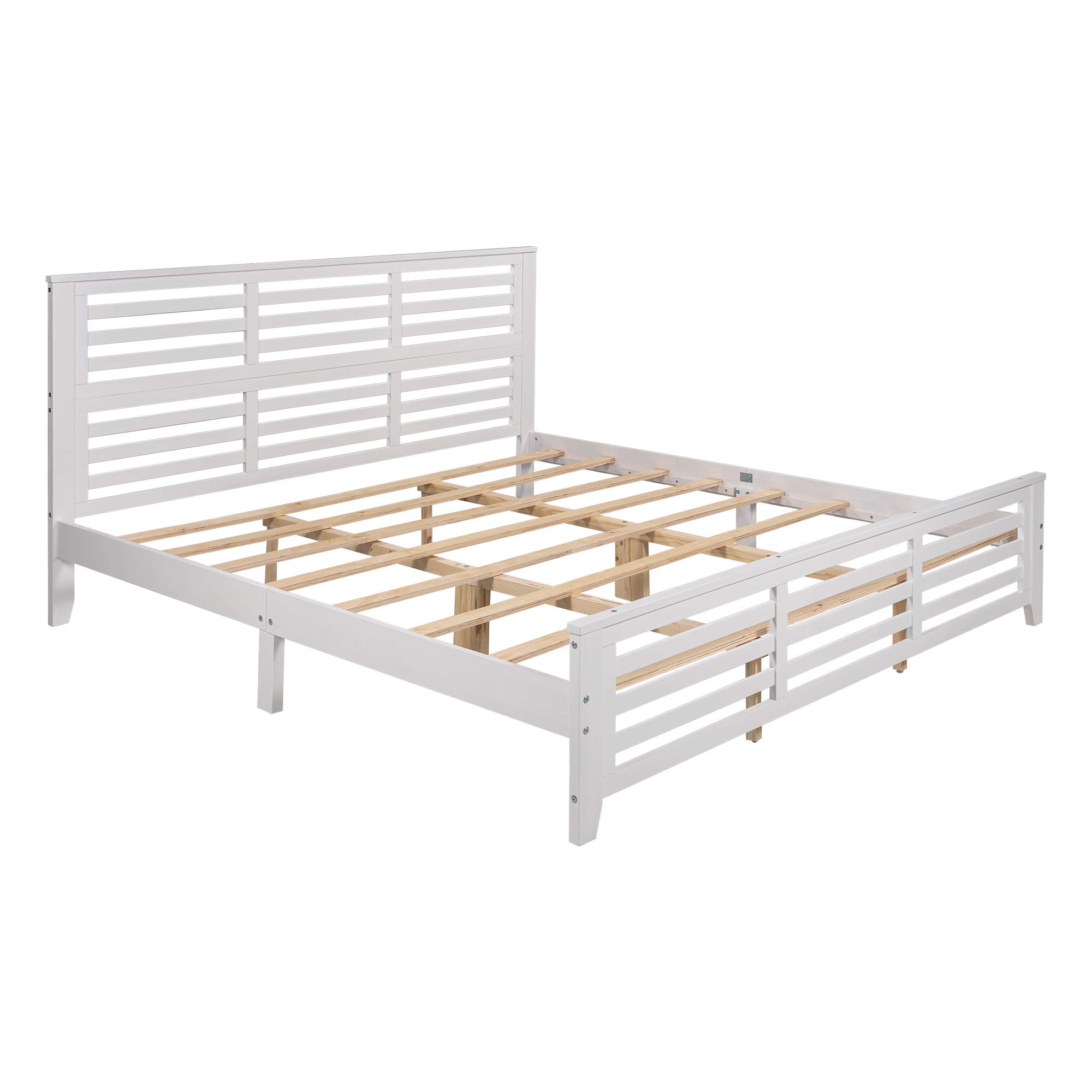 KLMM Solid Wood Platform Bed Frame with Headboard & Footboard - King Size, White - Heavy Duty Center Support & Wood Slats for Mattress - Easy Assembly for Bedroom, Guest Room, or Dorm