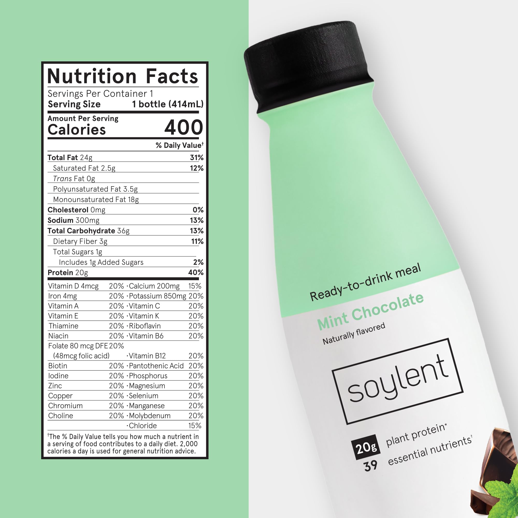 Soylent Meal Replacement Shake Bundle - Mint Chocolate & Creamy Chocolate Flavors (2 x 12-Pack, 14 oz Bottles, 24 Total) | Vegan Protein Shakes for Weight Loss, Busy Professionals & On-the-Go Nutrition