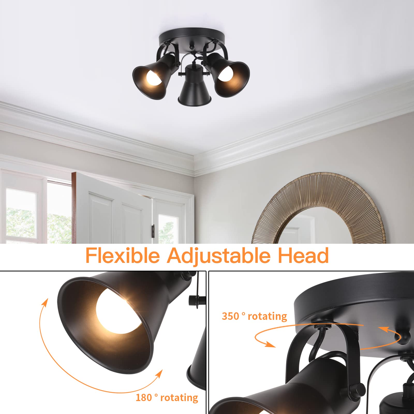 SEEBLEN 3-Light Adjustable Black Industrial Track Lighting - Modern Round Flush Mount Ceiling Light for Kitchen, Dining Room, Bathroom, Hallway & Coffee Bar - Perfect for Task Lighting and Ambient Illumination