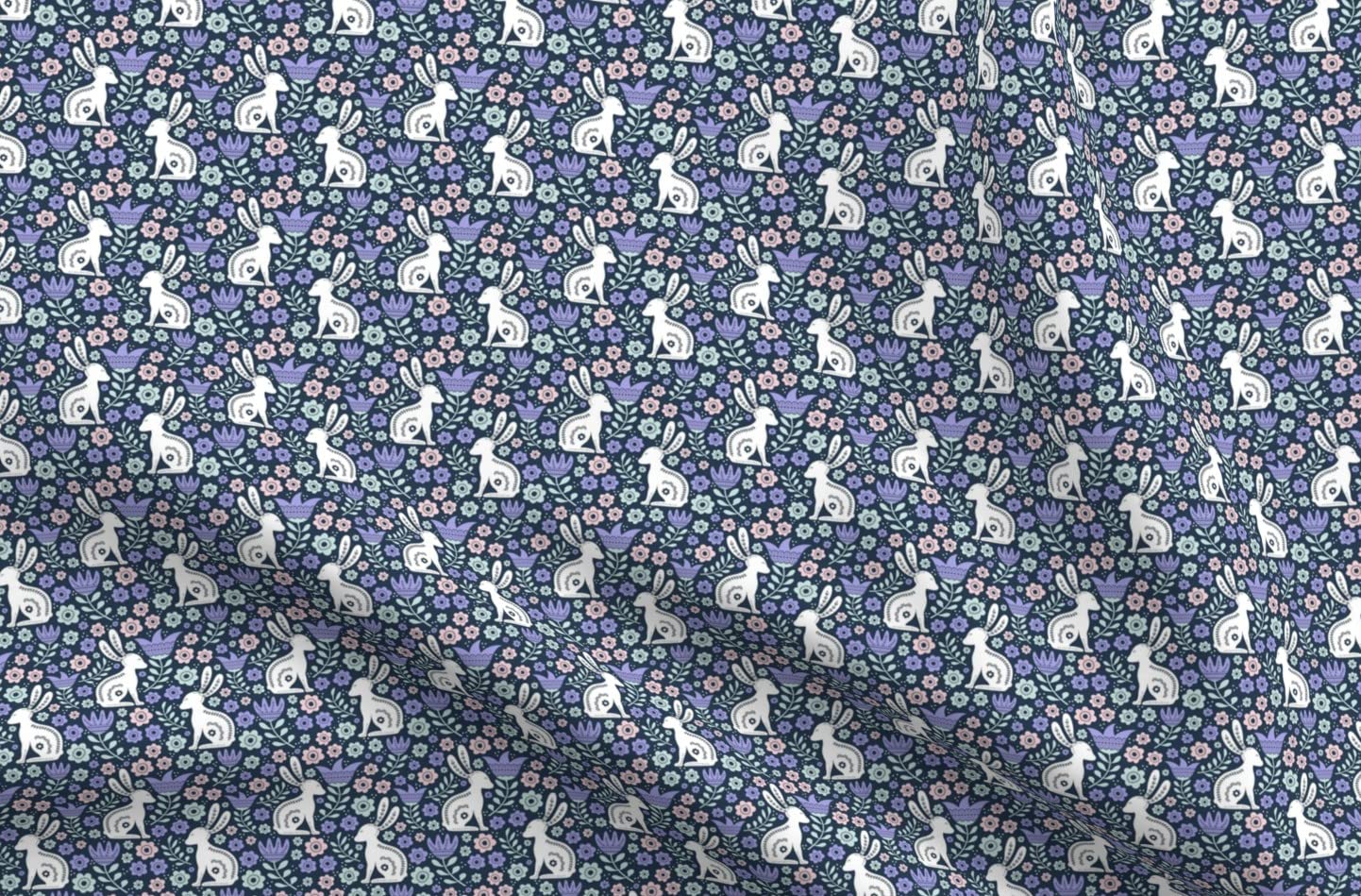 Easter Folk Bunny Rabbit Spring Scandi Floral Navy Printed Organic Cotton Sateen Fabric by The Yard - Premium Spoonflower Material for Sewing, Quilting, Apparel & Home Decor - Perfect for Easter Crafts, Spring Dresses and Cozy Home Decorations