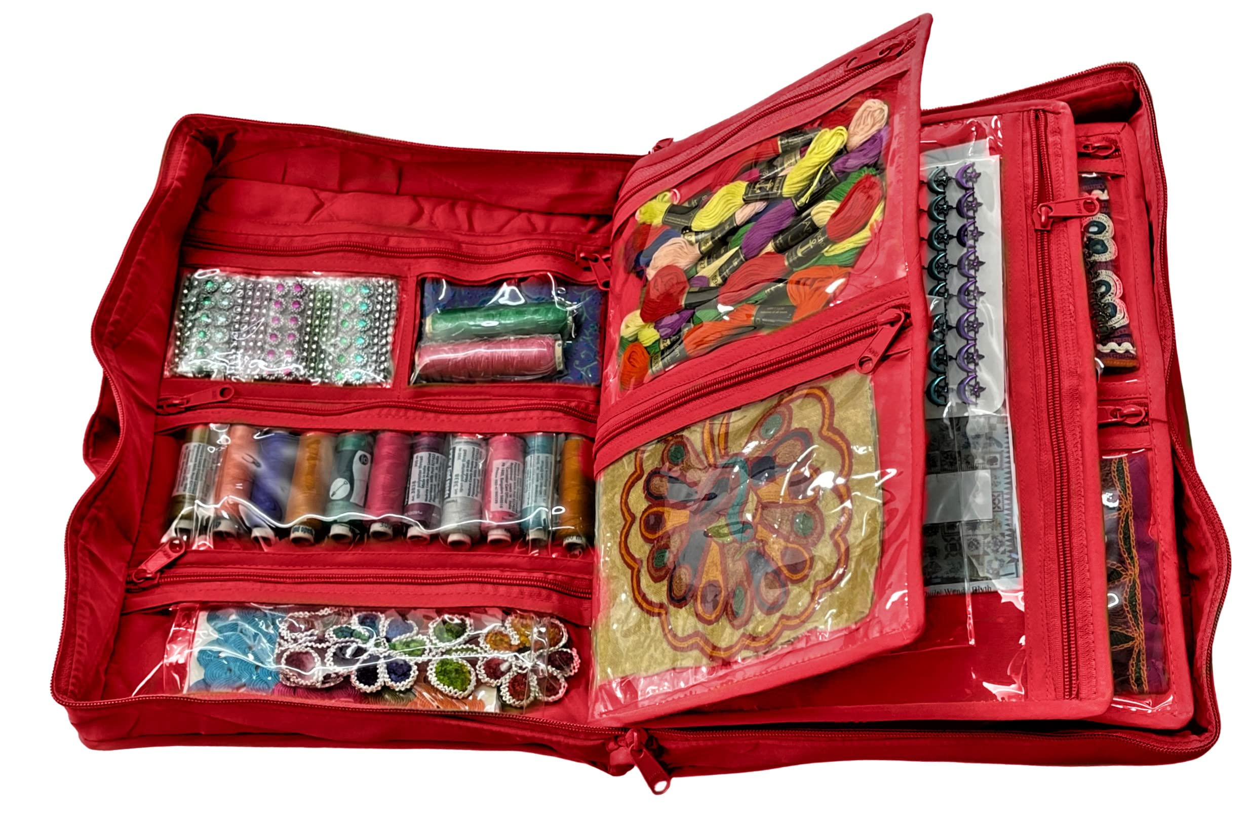Yazzii Quilter’s Project Bag with 19 Pockets - Large Craft Storage Organizer for Sewing, Knitting & Quilting Supplies - Durable Fabric Carrier with Multiple Compartments - Perfect for Travel, Workshops & Home Organization (Red)