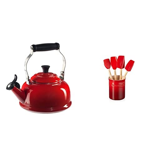 Le Creuset 1.7 Qt Enameled Steel Whistling Tea Kettle & 5-Piece Silicone Craft Utensil Set with Stoneware Crock in Cerise Red - Perfect for Kitchen, Tea Brewing & Gift Giving