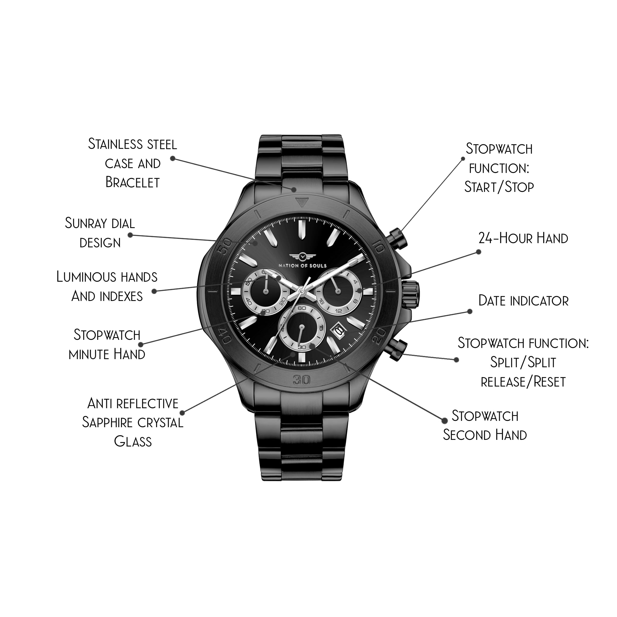 Nation of Souls Chronograph One - British Designed Men's Wrist Watch with 42mm Stainless Steel Case, Analog Dial & 20mm Band - Water Resistant 316L Luxury Watch for Men - Perfect for Business, Casual & Formal Occasions