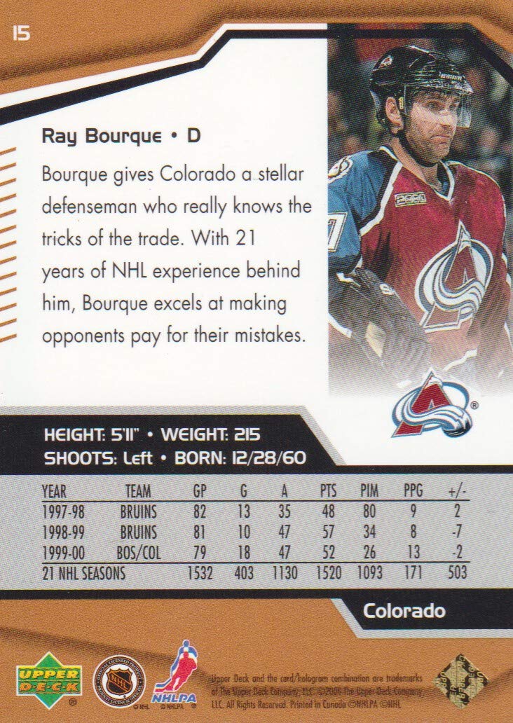 2000-01 Black Diamond Hockey #15 Ray Bourque Colorado Avalanche - Rare Collectible Card for Hockey Fans and Sports Memorabilia Enthusiasts