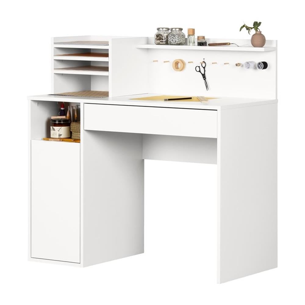 Pemberly Row Contemporary Craft Table - Multipurpose Craft Station with Compact Design, Sewing Desk with Drawers and Shelves, White - Perfect for DIY Projects, Sewing, Scrapbooking & Home Office Workspace