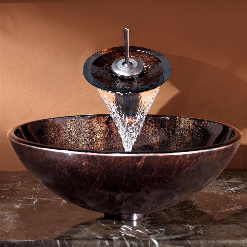 Kraus Pluto Glass Vessel Bathroom Sink with Waterfall Faucet in Oil Rubbed Bronze - Modern Vanity Basin for Powder Room, Guest Bath, or Master Suite