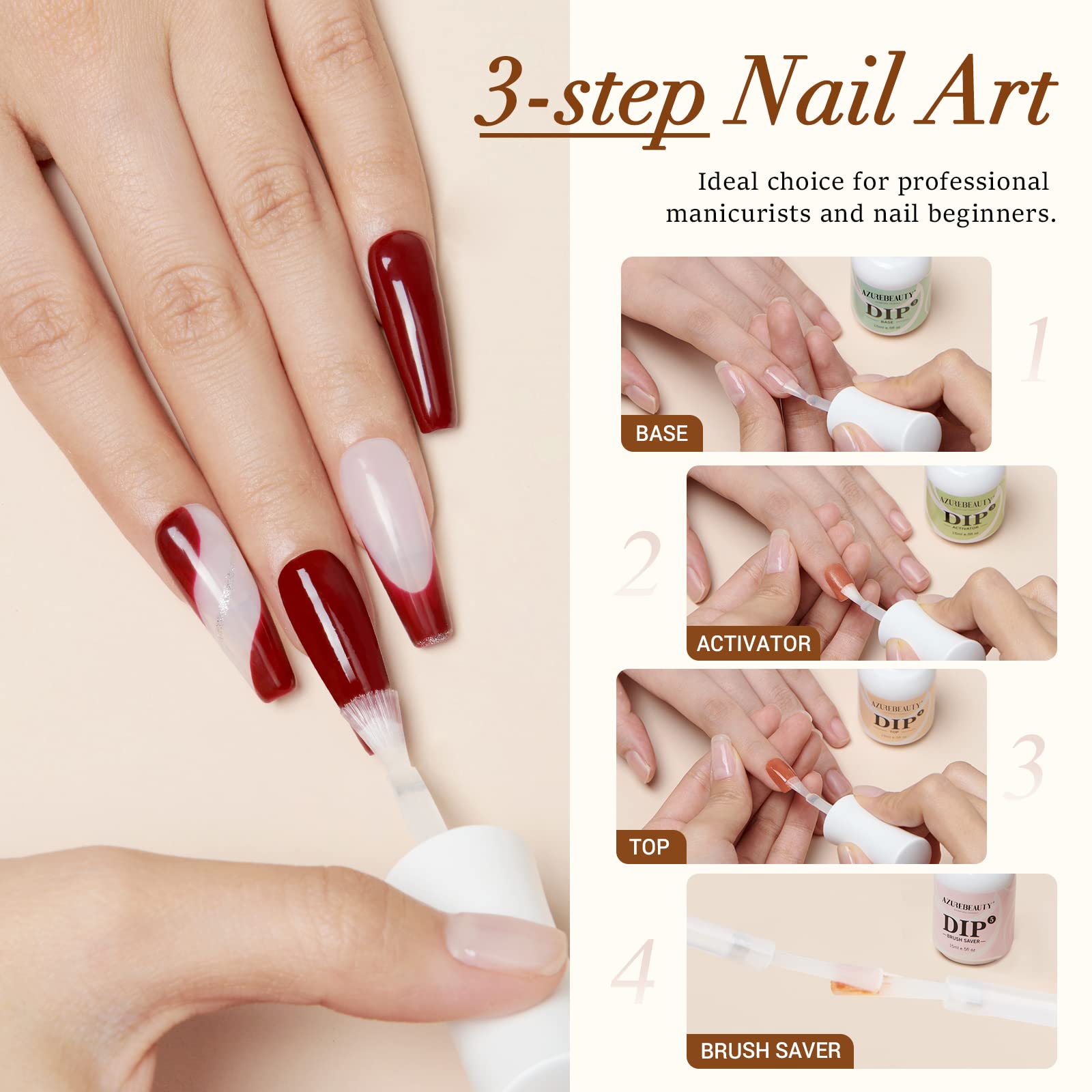 AZUREBEAUTY 4+4Pcs Dip Powder Liquid Set - 15ml/0.5oz Base Coat, Top Coat, Activator & Brush Saver with Nail File | Essential Dipping Powder Nail Kit for Salon & Home Manicure | No UV Lamp Needed | Perfect for DIY Nail Art & Professional Nail Designs