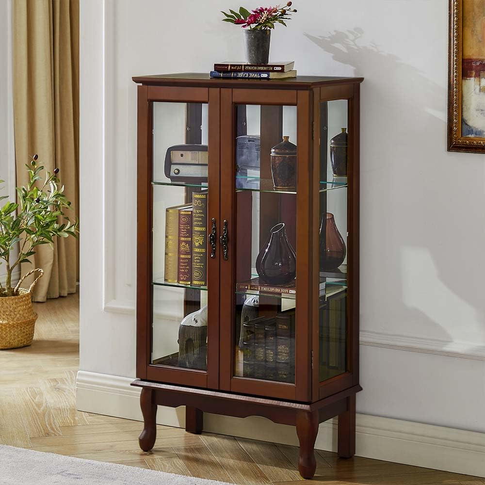 Anwick Walnut China Cabinet & Curio Cabinet with Glass Doors - Lighted Display Cabinet with Mirrored Back Panel, Tempered Glass & 3 Adjustable Shelves - Perfect for Dining Room, Living Room or Office Display (Walnut Finish)