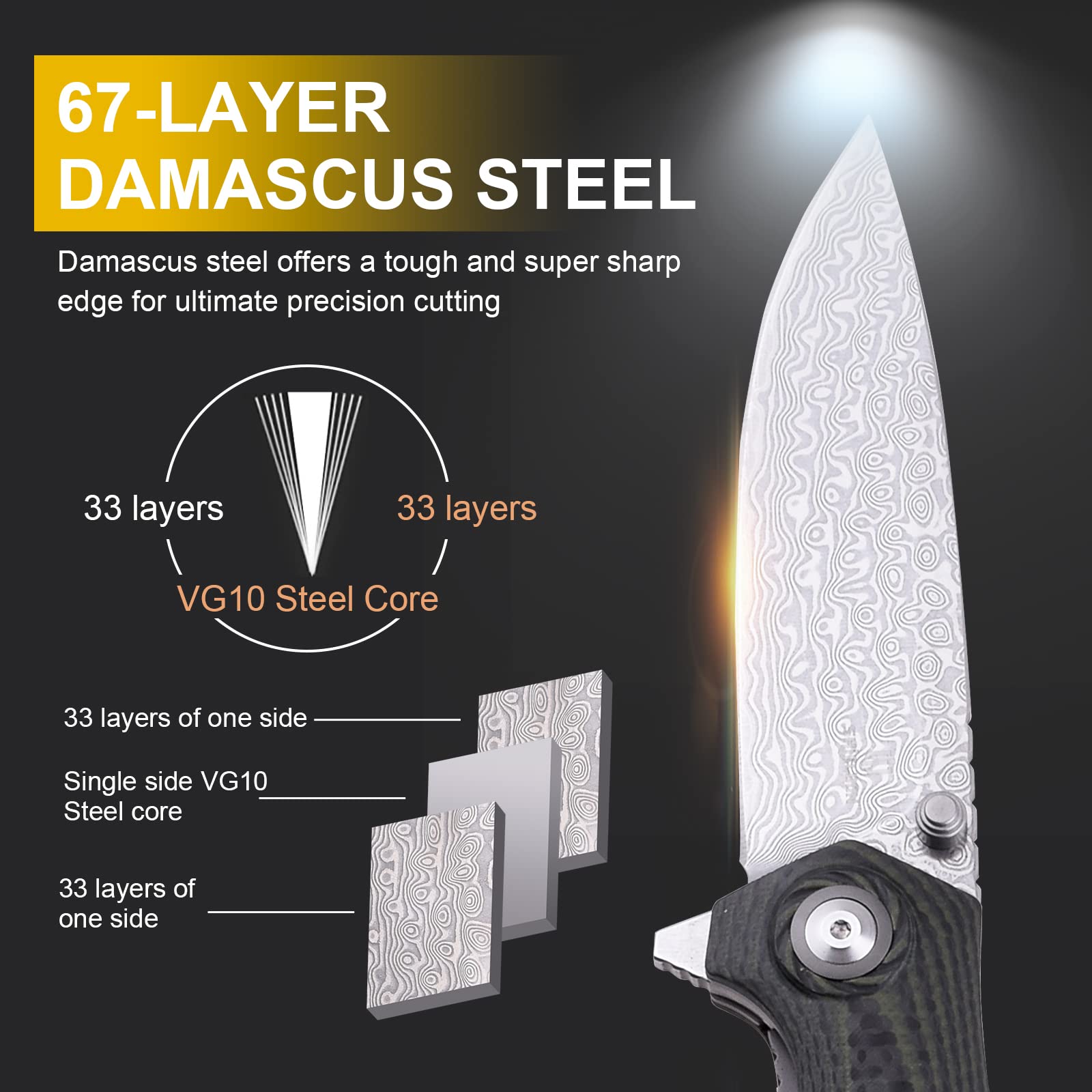 Premium Damascus Steel EDC Folding Knife - Tactical Pocket Knife for Outdoor Camping, Hiking & Survival Gear