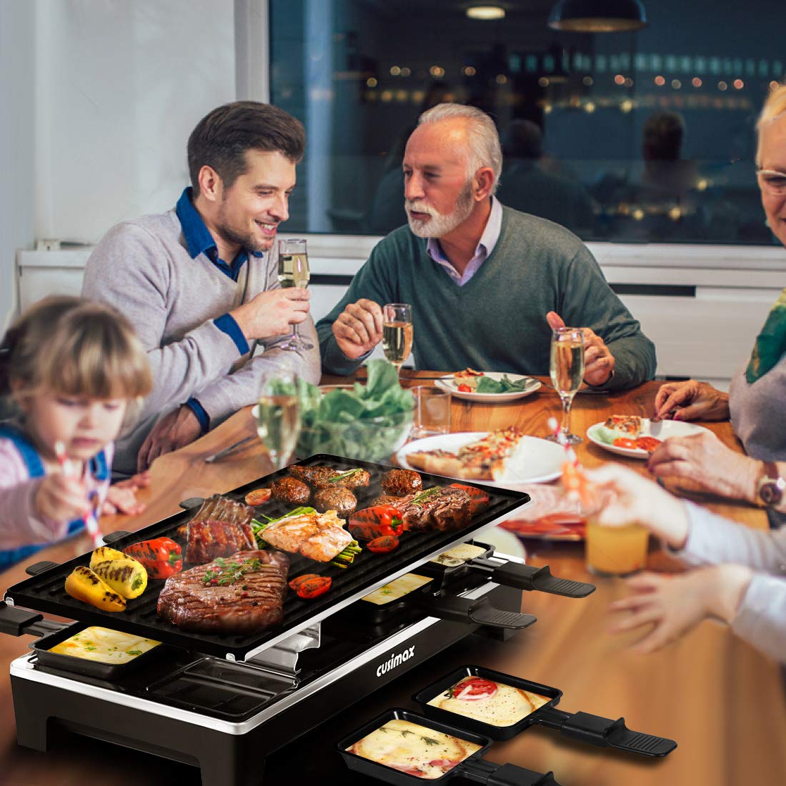CUSIMAX Electric Raclette Grill & Korean BBQ - 2-in-1 Portable Tabletop Grill with Reversible Non-Stick Plates, Adjustable Temperature Control & 8 Paddles - Perfect for Indoor Parties, Cheese Melting & Crepe Making