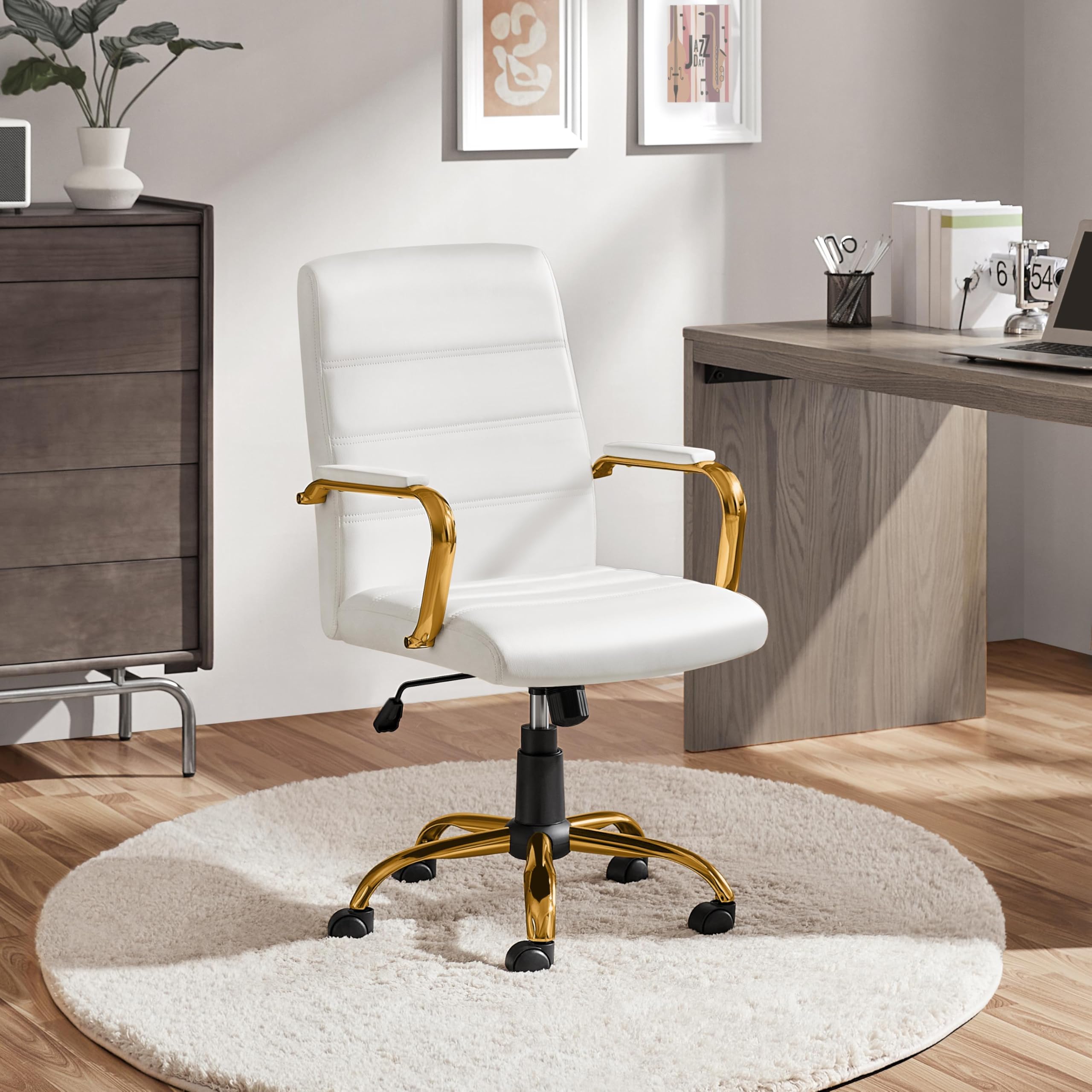 Yaheetech Mid-Back Office Chair - PU Leather Executive Desk Chair with Adjustable Height & Lumbar Support - Gold Base & White Seat - Perfect for Home Office, Study & Workspace Ergonomics