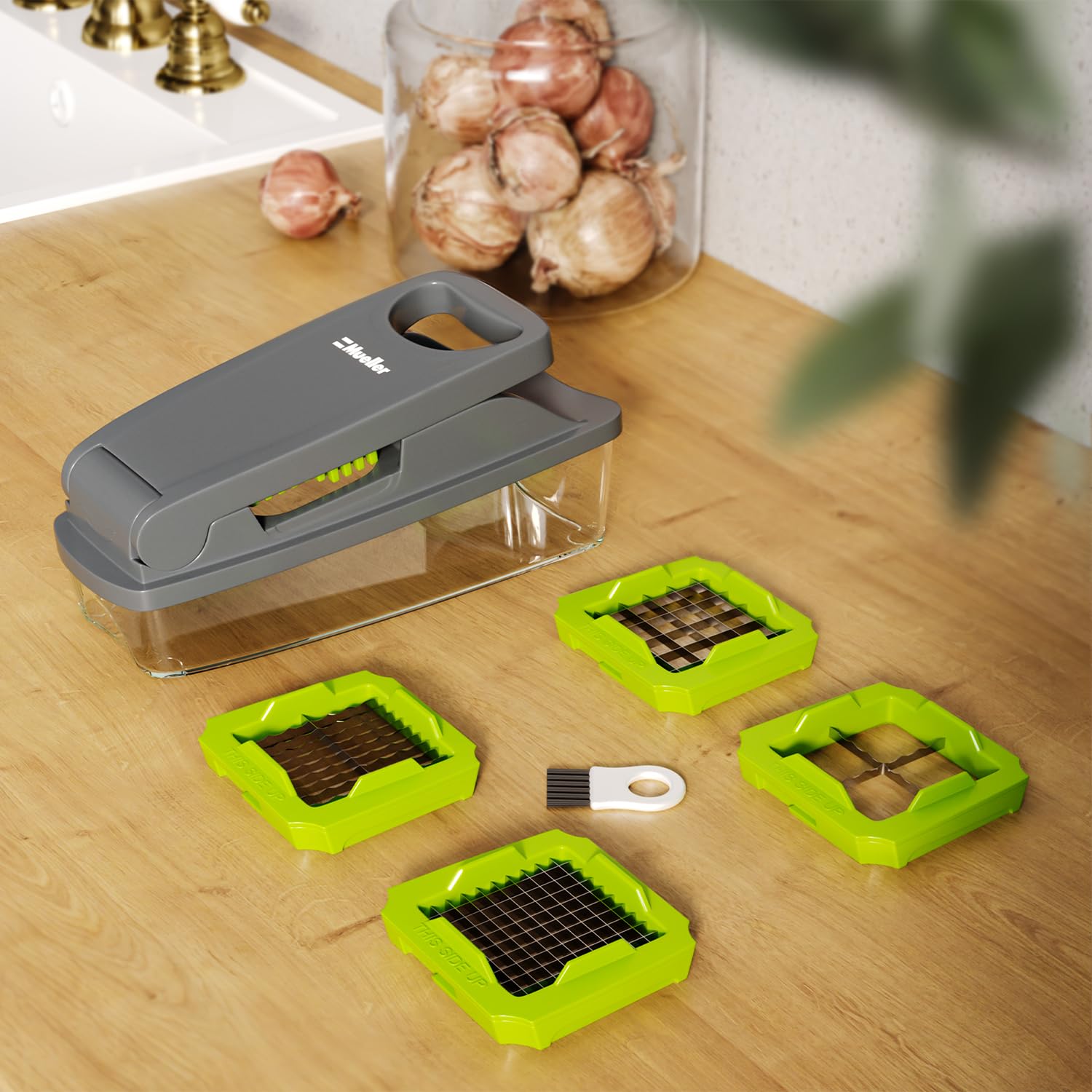 MuellerLiving 4-Blade Onion Chopper - Multi-Functional Vegetable Dicer, Grape Cutter & Egg Cheese Slicer with Storage Container - Perfect for Meal Prep, Salad Making & Kitchen Efficiency