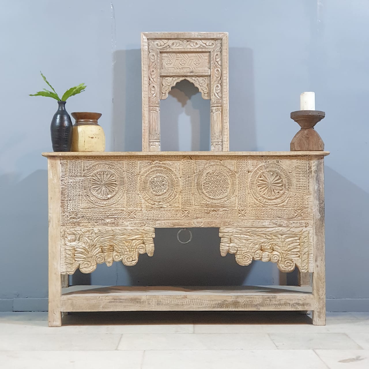 Handmade Carved Solid Hardwood Console Table 152x45x92cm Whitewashed - Entryway Sofa Table, Hallway Furniture, Farmhouse Living Room Decor