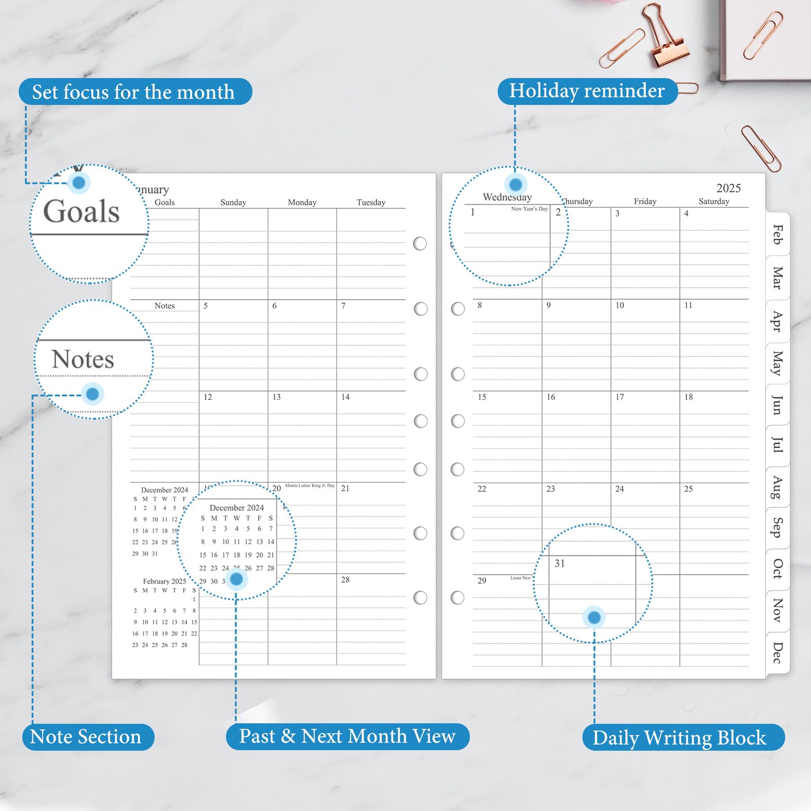 2025 Monthly Planner Refill Inserts - 7 Ring Binder, 12 Month Calendar with Tabs, 5.5