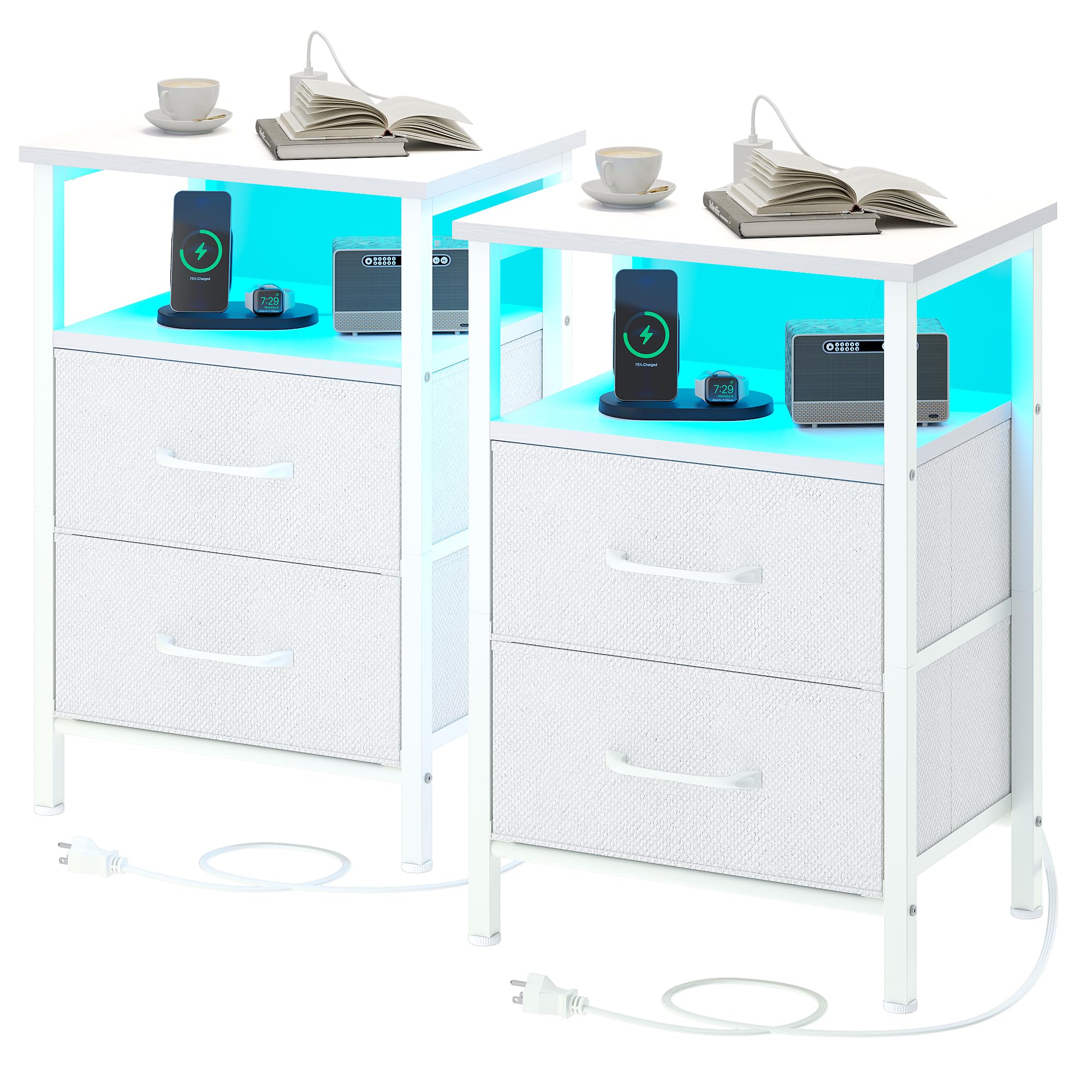 2-Piece Nightstand Set with USB Charging Station & LED Lights - Bedside Table with 2 Fabric Drawers & Open Shelf - White Small End Table for Bedroom - Perfect for Modern Bedrooms, Guest Rooms & Small Spaces