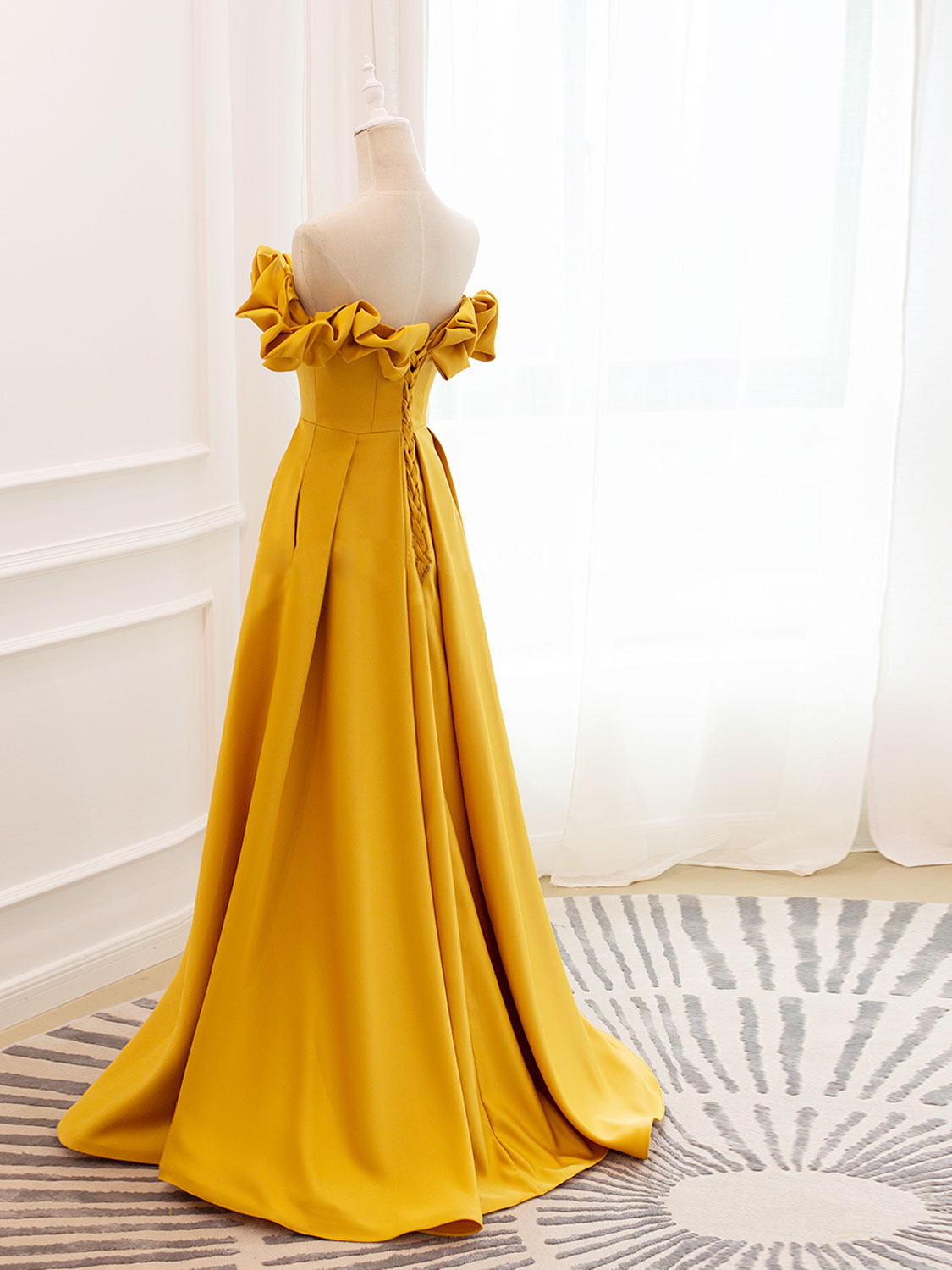 Elegant Off-Shoulder A-Line Satin Yellow Long Prom Dress | Formal Evening Gown for Women | Perfect for Homecoming, Prom Night & Special Occasions