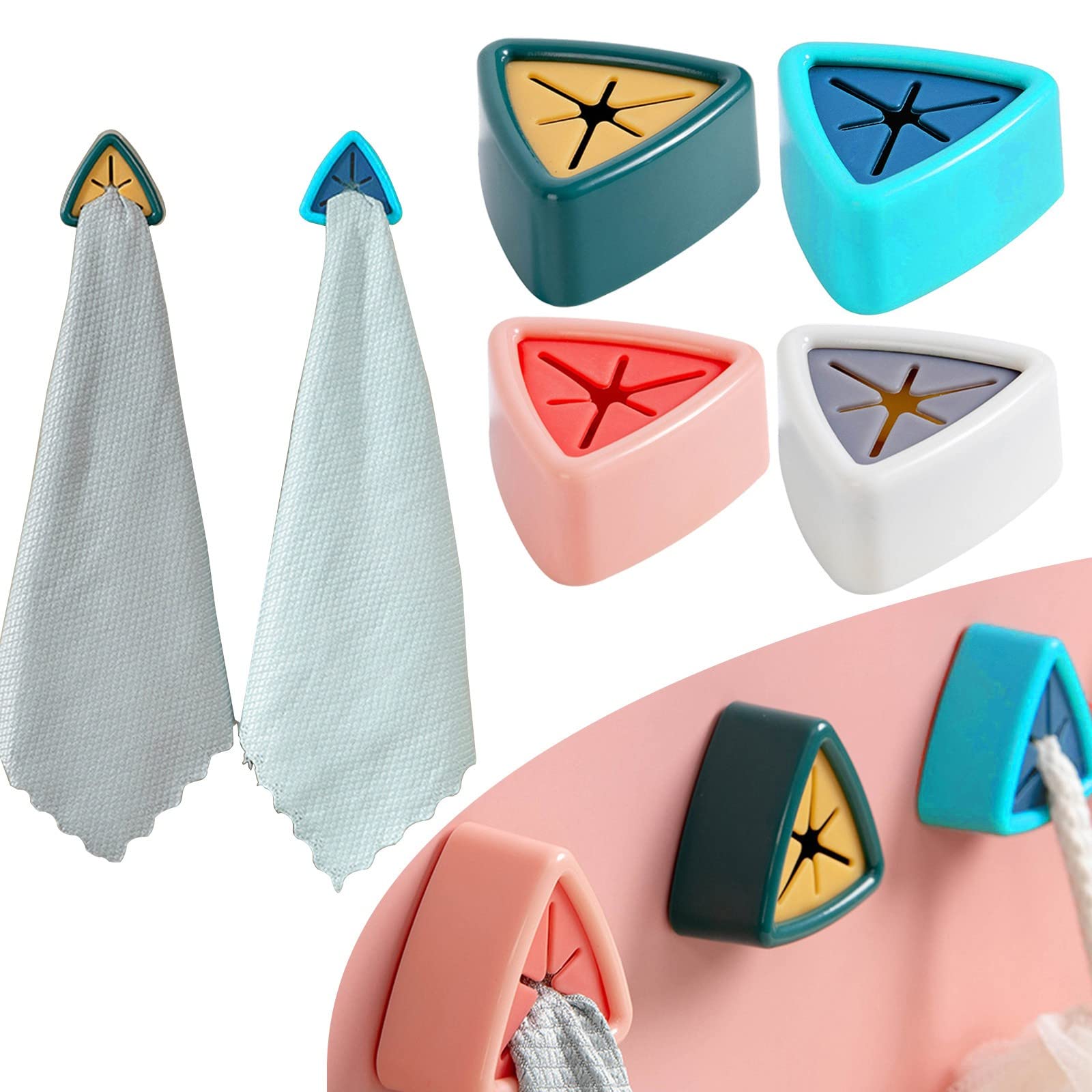 4-Pack Self-Adhesive Kitchen Towel Hooks - Wall Mount Dish Towel Holder for Bathroom, Kitchen, Cabinet & Garage - Strong Push Hook Design for Hand Towels, Tea Towels & Kitchen Accessories - Perfect for Organizing Small Spaces & Hanging Utensils