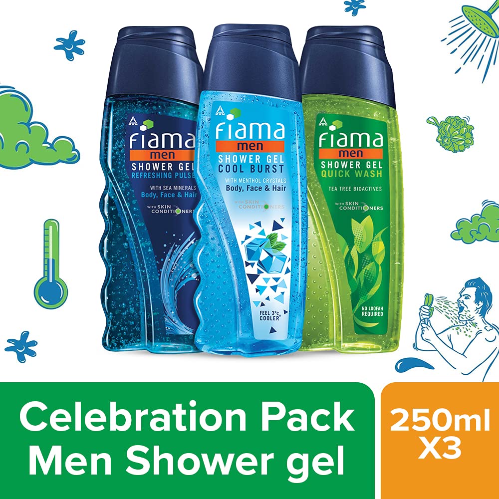Fiama Men's Body Wash & Shower Gel Gift Set - 3 Pack (250ml Each) | Refreshing Pulse, Cool Burst & Quick Wash | Hydrating & Invigorating Cleanser for Men | Perfect for Daily Shower, Gym & Travel