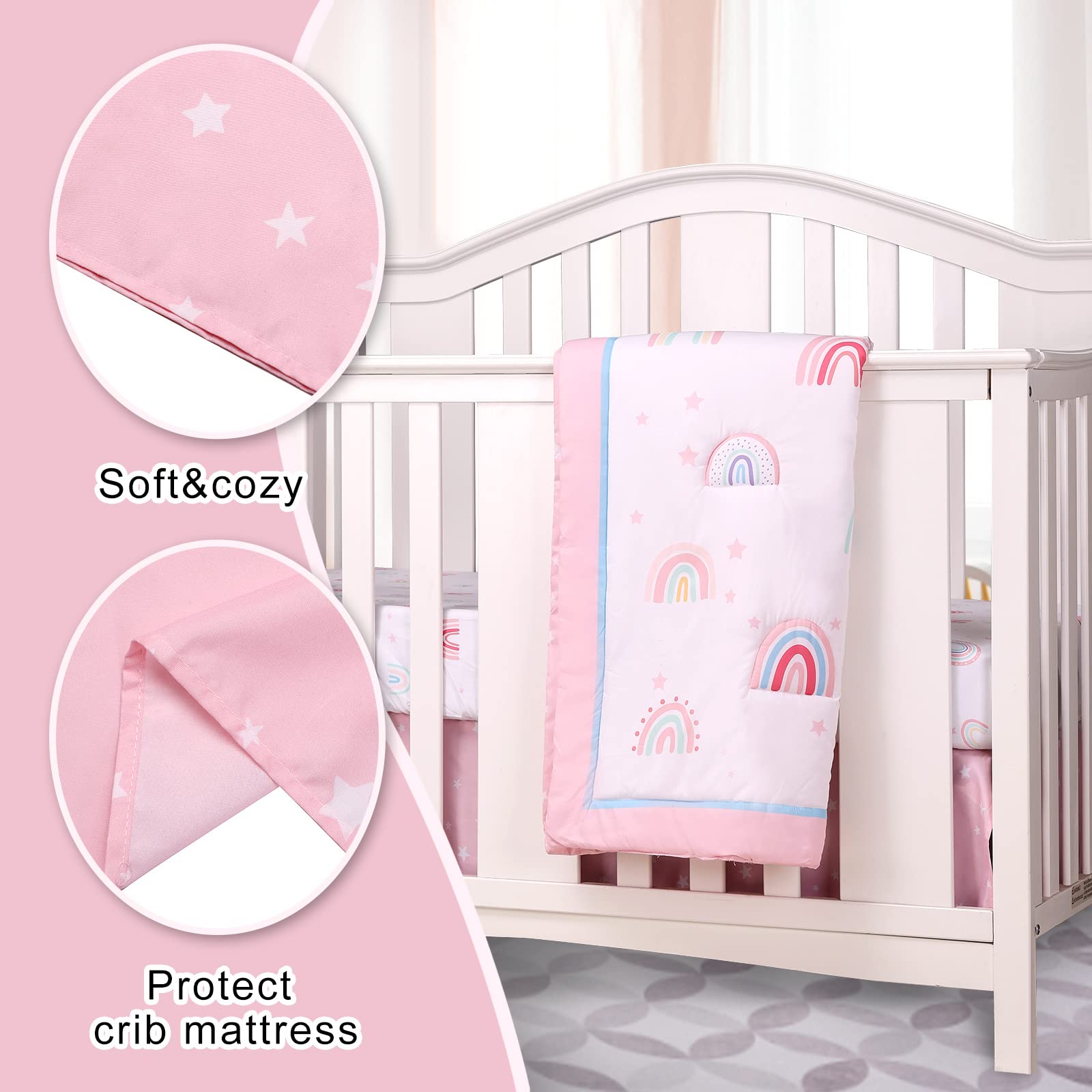 Rainbow Crib Bedding Set for Baby Girls - 5 Piece Nursery Set with Crib Quilt, Skirt, Sheet, Diaper Stacker & Blanket | Soft Pink Baby Bedding for Newborns & Toddlers | Perfect for Nursery Decor, Baby Showers & Gift Giving