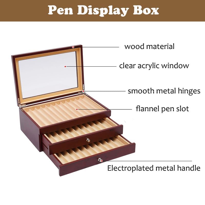 3 Layer Wooden Pen Display Box - 34 Slot Fountain Pen Organizer with Glass Window - Perfect for Collectors & Enthusiasts - Great Thanksgiving & Christmas Gift (Red) - Ideal for Home, Office & Gift Giving