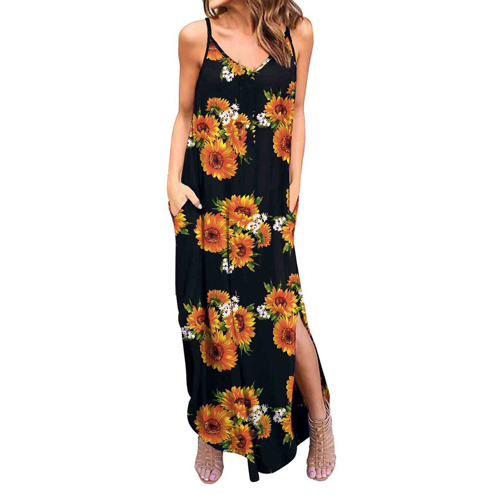 LAWOR Women's Summer Sundresses - Spaghetti Strap Off Shoulder Sleeveless Beach Dress with Slit & Floral Print | Perfect for Beach Vacations, Pool Parties & Summer Outings
