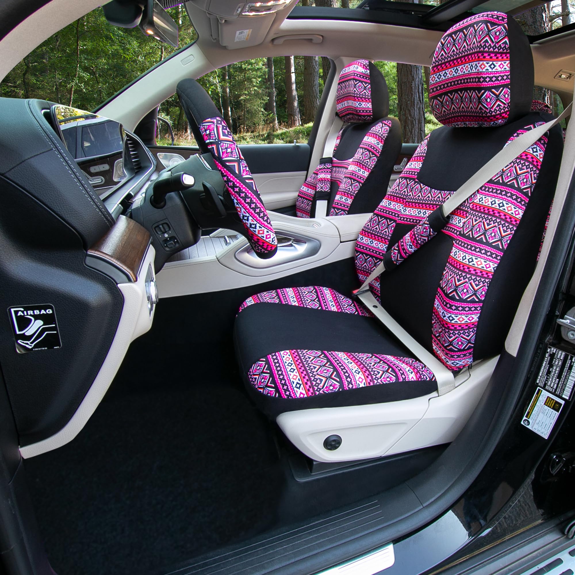 FH Group Full Set Southwestern Print Cloth Car Seat Covers - Universal Fit for Low Back Front Seats & Solid Back Seats | Washable for SUV & Sedan | Pink Southwestern Style | Perfect for Road Trips & Daily Commutes