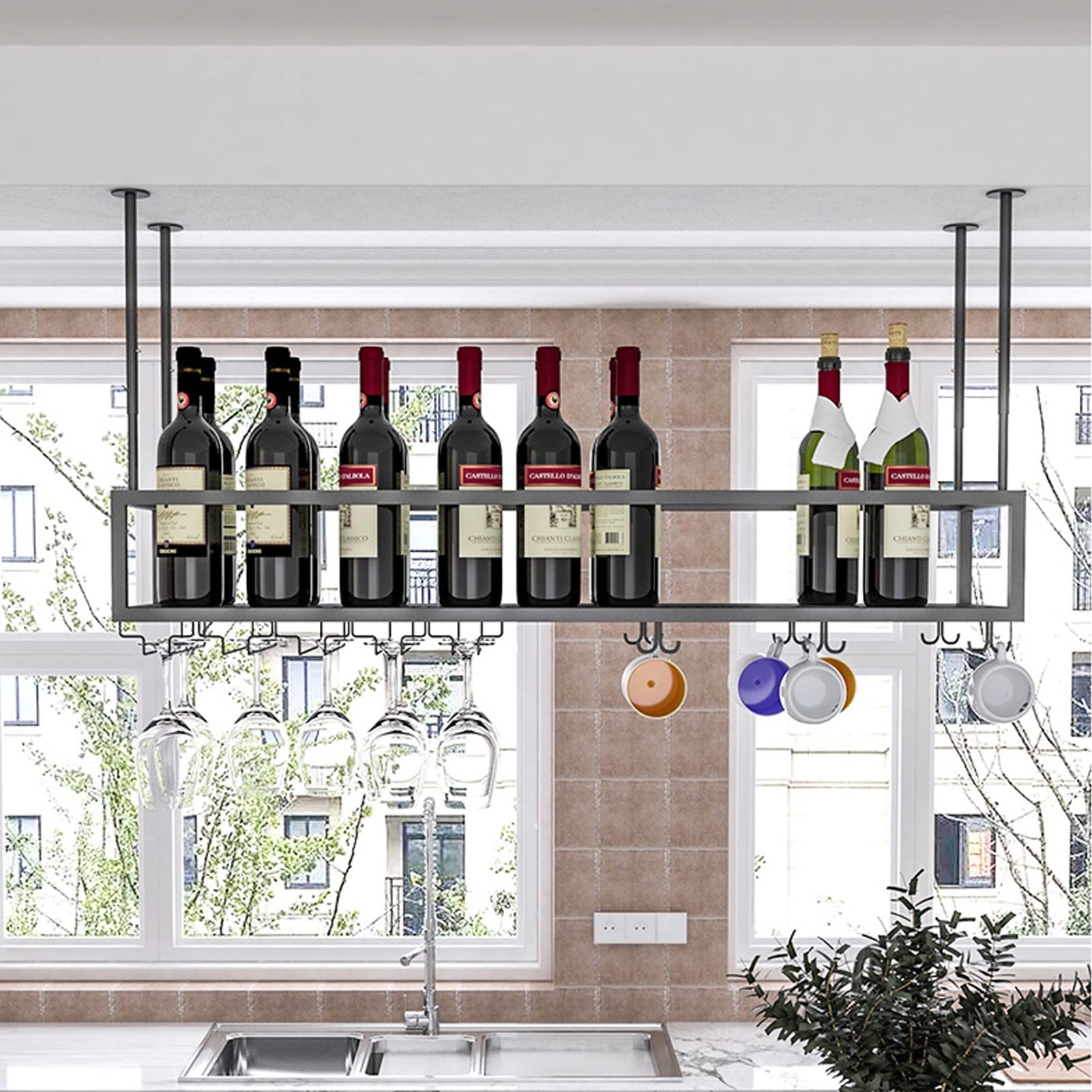 Industrial Black Ceiling Mounted Wine Bottle Rack - Hanging Stemware Holder for Champagne & Wine Glasses - Kitchen Decor Organizer Shelf (120x25cm) - Perfect for Bars, Restaurants & Home Wine Storage