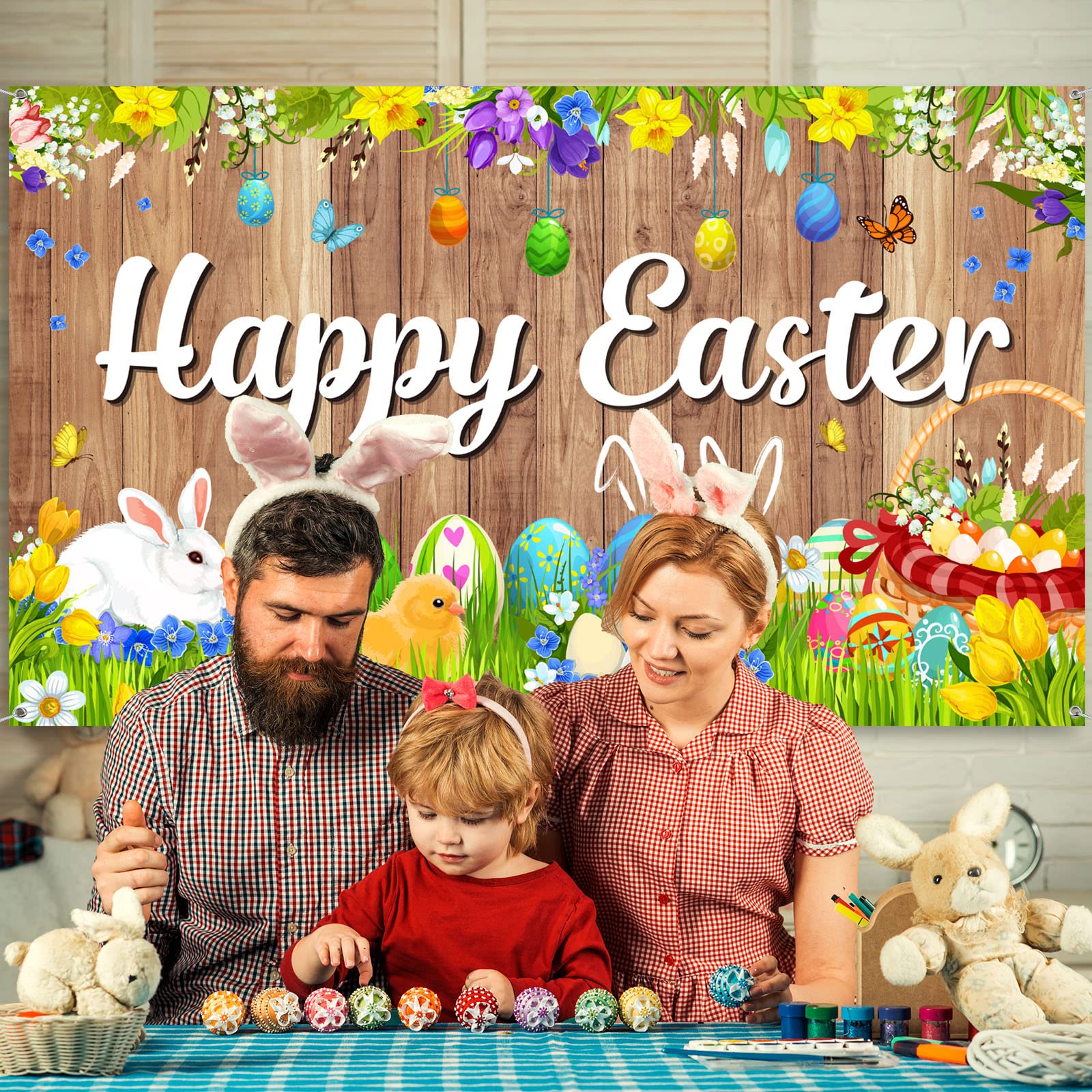 Happy Easter Backdrop Photography Banner - 70.8x43.3 Inch Bunny Grassland Rustic Wood Background with Easter Eggs for Spring Party Decorations, Church Events & Jesus Celebration - Perfect for Easter Photo Booths, Home Decor & Holiday Festivities