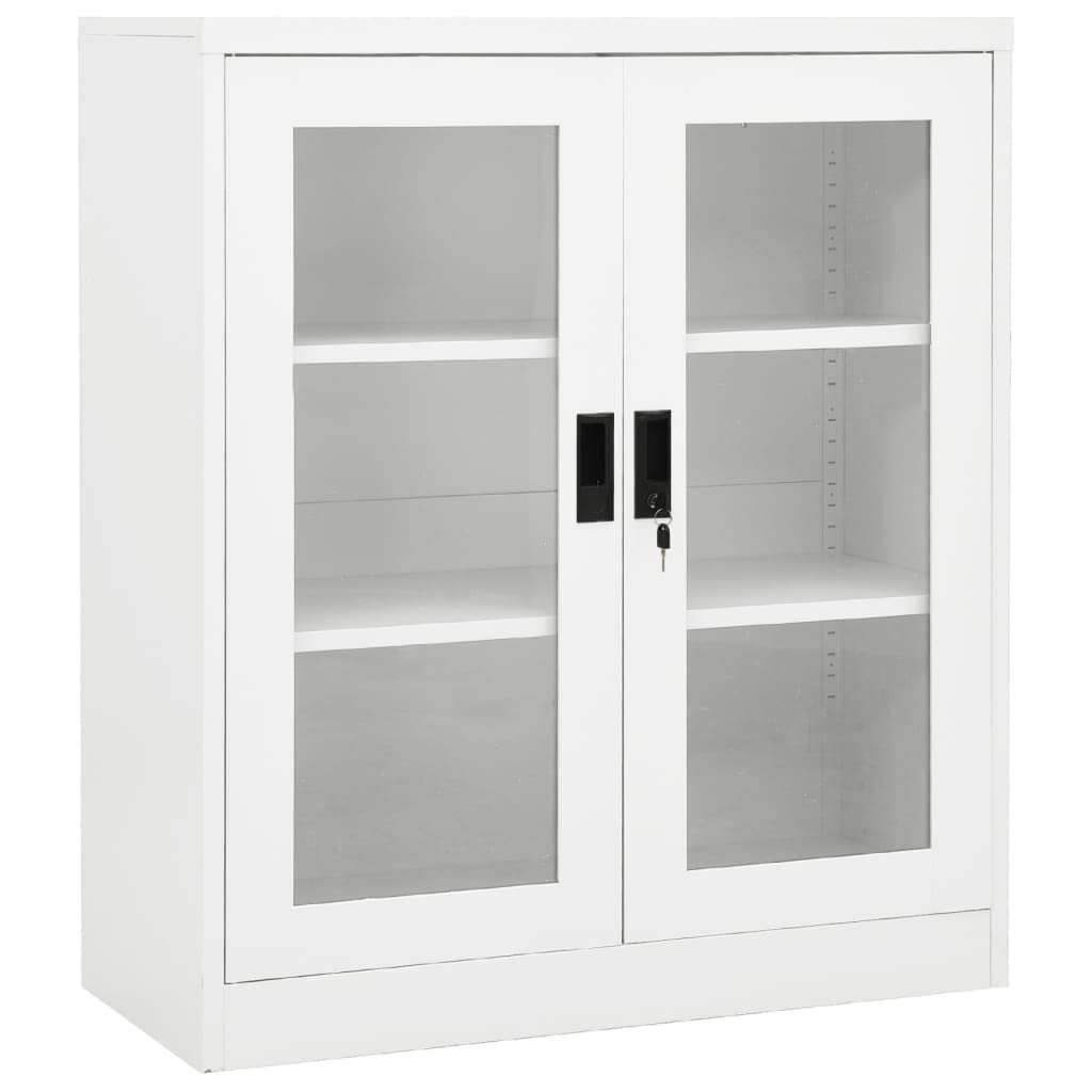 White Metal Storage Cabinet - 2-Door Lockable Steel File Cabinet with Adjustable Shelves, 35.4