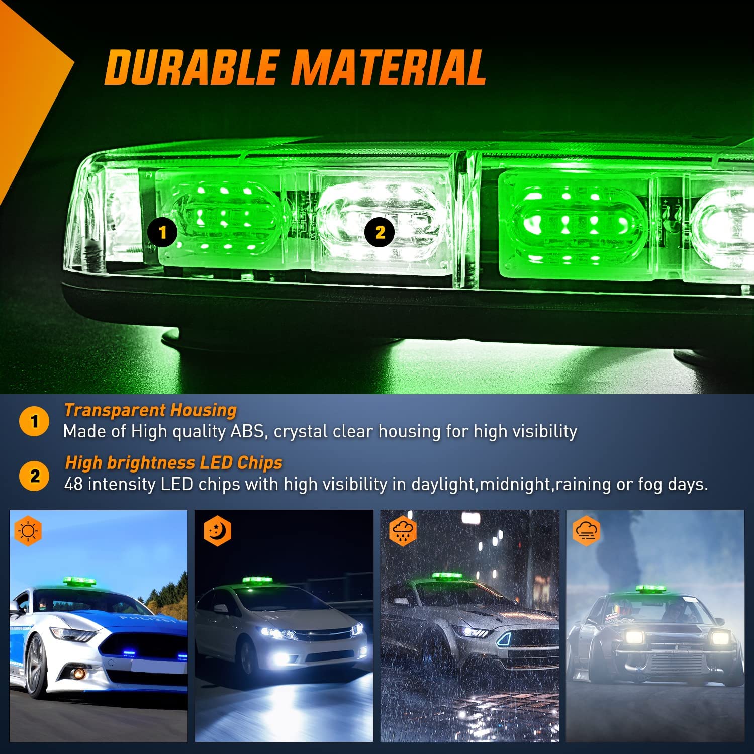 12 Inch 48 LED Green & White Emergency Strobe Light - Heavy Duty Roof Top Warning Beacon for Trucks, Construction Vehicles & Emergency Response - High Visibility Safety Lighting for Roadside Emergencies & Work Zones