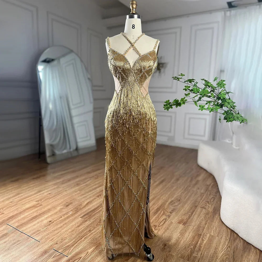Luxury Beaded Mermaid Evening Gowns for Women - Dubai Silver & Gold Tassel Spaghetti Strap Party Dresses | Elegant Formal Wear for Weddings, Galas & Special Occasions 2025 LA72280