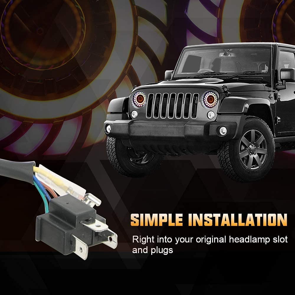 SUNPIE 7 Inch RGBW Halo LED Headlights with Rotating Fog Lights - Compatible with Jeep Wrangler JK/JKU (2007-2018) & TJ/LJ (1997-2006) - Stylish Colorful Rotating Projector for Off-Road, Night Driving & Car Customization