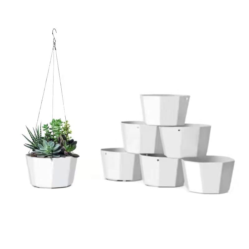 6-Pack White Hanging Plant Pots with Self-Watering Feature - Plastic Garden Planters with Chains for Succulents, Herbs & Flowers - Perfect for Indoor Decor, Balcony Gardens & Outdoor Hanging Displays