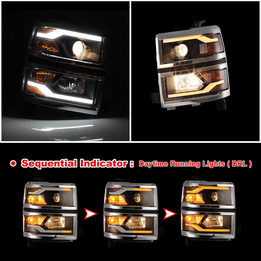 ROXX LED Sequential Turn Signal Headlight Assembly for 2014-2015 Chevy Silverado 1500 Pickup Truck - Chrome Clear Projector Headlights Pair Set (Driver & Passenger Side) - Upgrade for Enhanced Visibility & Style on Night Driving & Off-Road Adventures