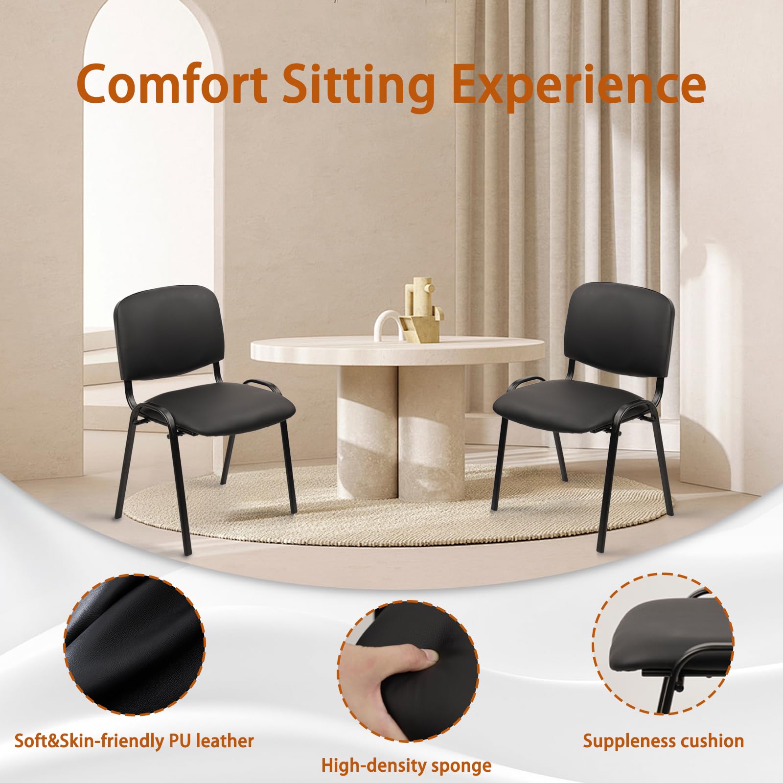 CLATINA Stackable Conference Room Chairs - 10 Pack Black PU Leather Armless Guest Chairs with Metal Frame for Office, Reception, Lobby, Training School & Waiting Areas | No Wheels, Space-Saving Design for Business & Educational Settings