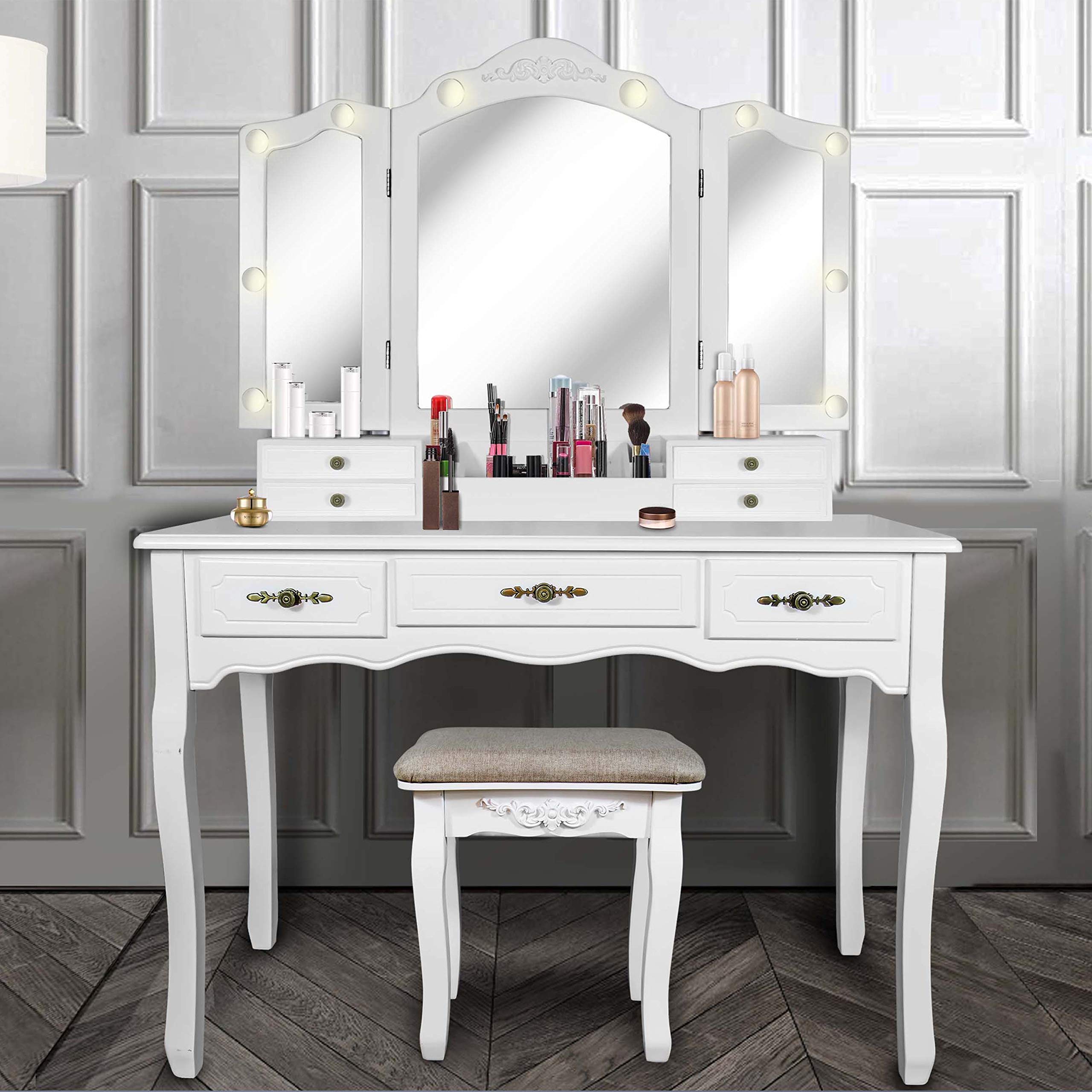 ENSTVER Vintage Vanity Desk with Mirror and Lights - White Tri-Folding Makeup Dressing Table with 7 Drawers, Cushioned Stool & 6 Storage Compartments | Perfect for Bedroom, Dressing Room & Home Beauty Salon
