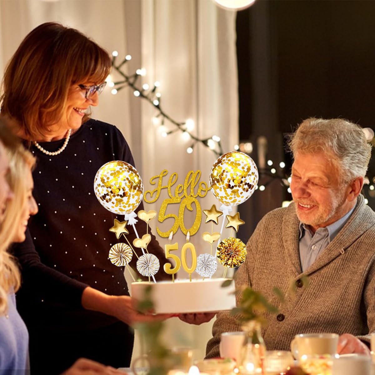 50th Birthday Cake Decorations Set - 20-Piece Gold Hello 50 Cake Toppers with Birthday Candles for Anniversary Celebration | Perfect for Milestone Birthday Cakes, Retirement Parties & Golden Jubilee Decorations