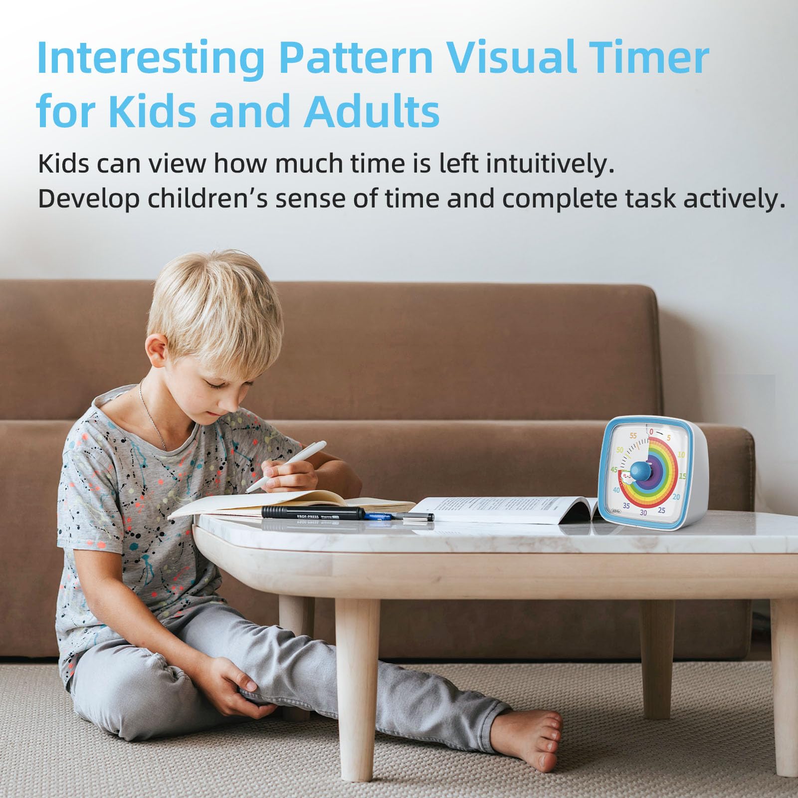 60-Minute Visual Timer with Night Light - Countdown & Pomodoro Timer for Classroom, Home, Kitchen, Office - Rainbow Pattern Kids & Adults Study Timer (Blue) - Perfect for Time Management, Homework, Cooking & Productivity Tasks