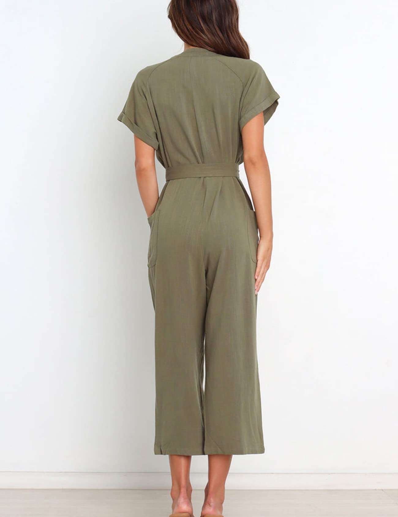 Kissonic Women's Short Sleeve V-Neck Button Down Wide Leg Jumpsuit with Belt - Casual Summer Romper for Beach, Travel & Everyday Wear
