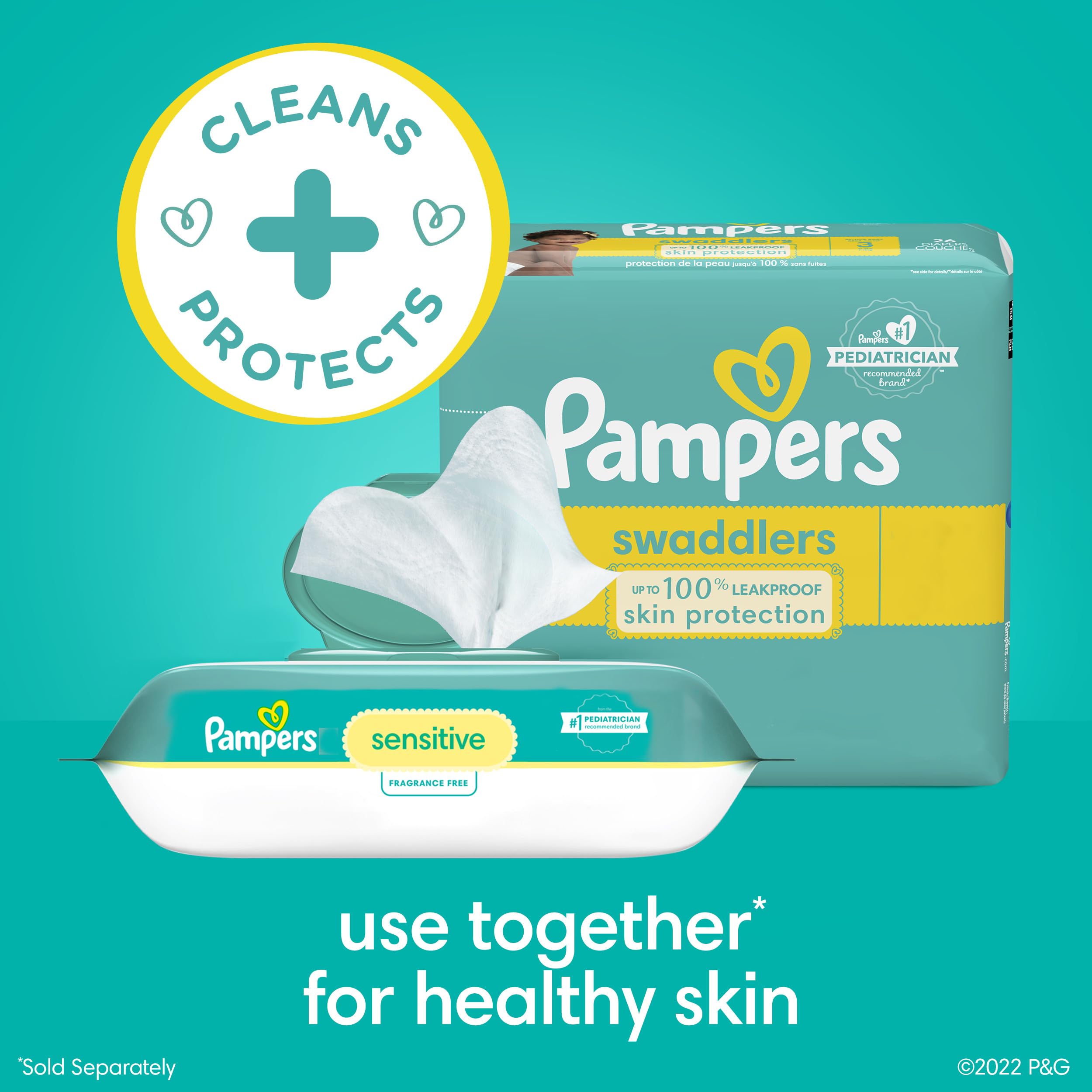 Pampers Sensitive Baby Wipes - Fragrance Free, Hypoallergenic, 12 Pop-Top Packs (1008 Count) | Gentle for Newborn Skin, Diaper Changes & On-The-Go Cleaning