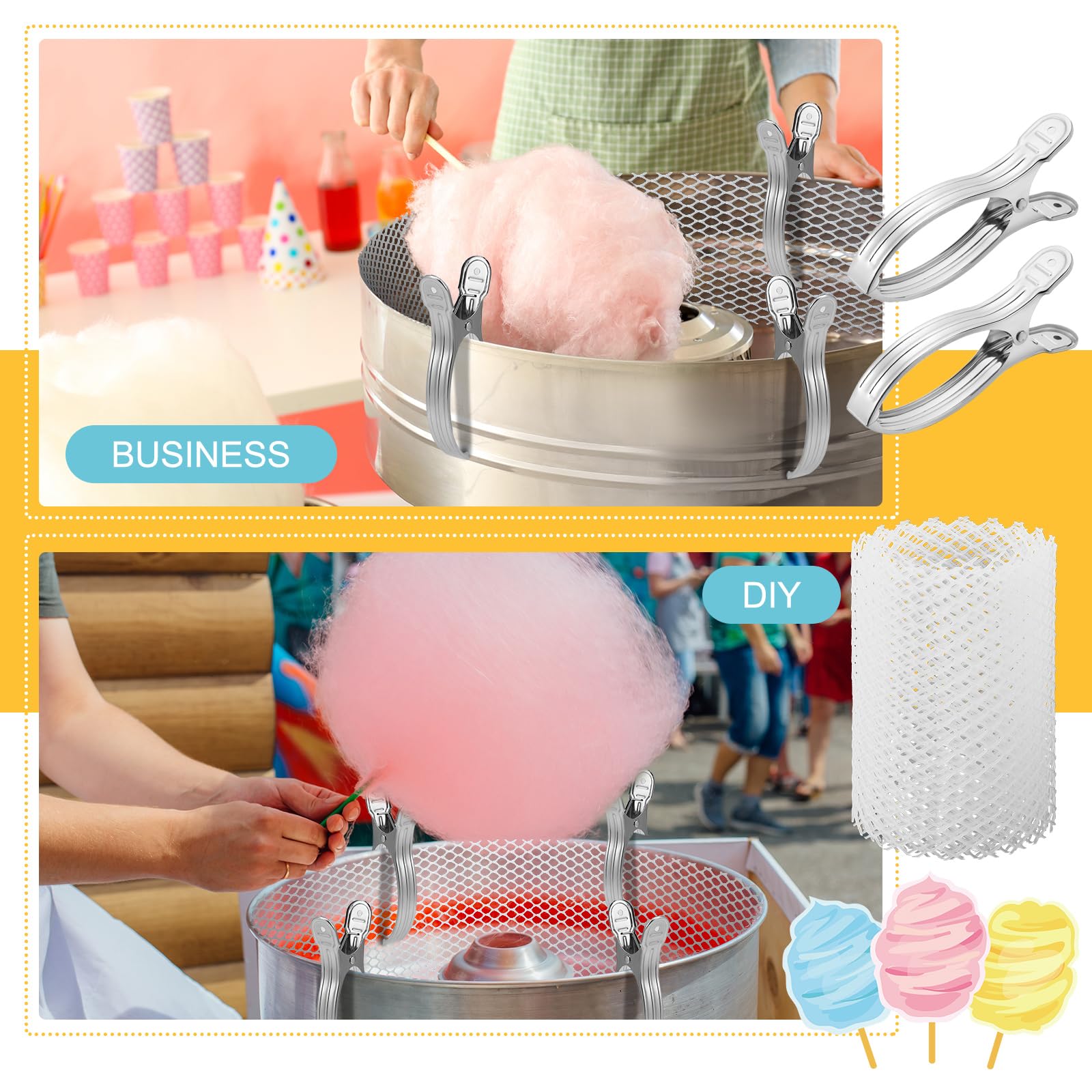 Juexica 3-Piece Cotton Candy Mesh & Clip Stabilizer Kit - Includes 3 Cotton Candy Meshes & 12 Clip Stabilizers - Candy Making Supplies for Cotton Candy Machines - Perfect for Parties, Carnivals & Home Use