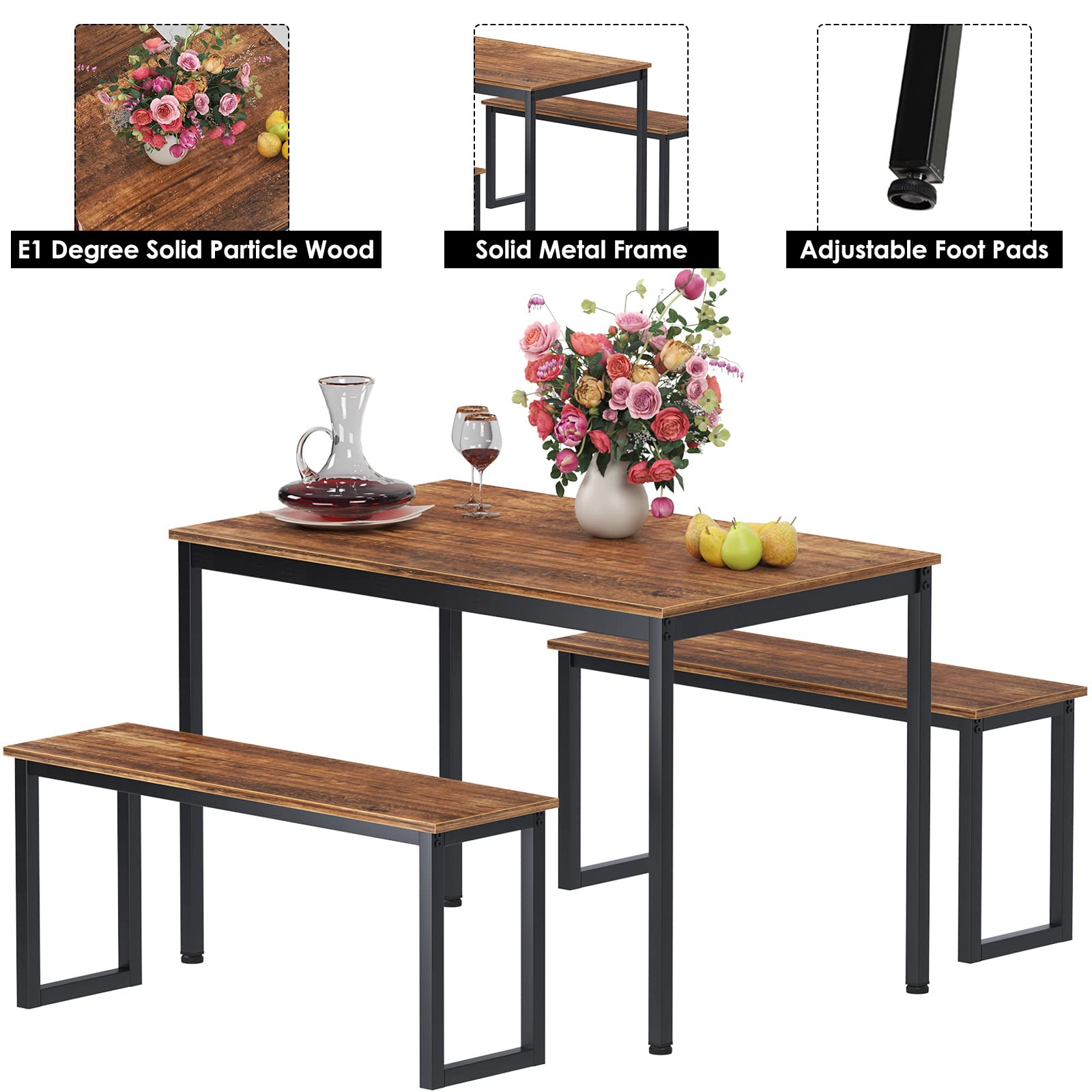 Modern 3-Piece Dining Table Set with Wood Top & Sturdy Metal Frame - Rectangular Small Space Furniture for Kitchen, Dining Room, Apartment | SogesFurniture BHUS-CZJYB-YZLD01