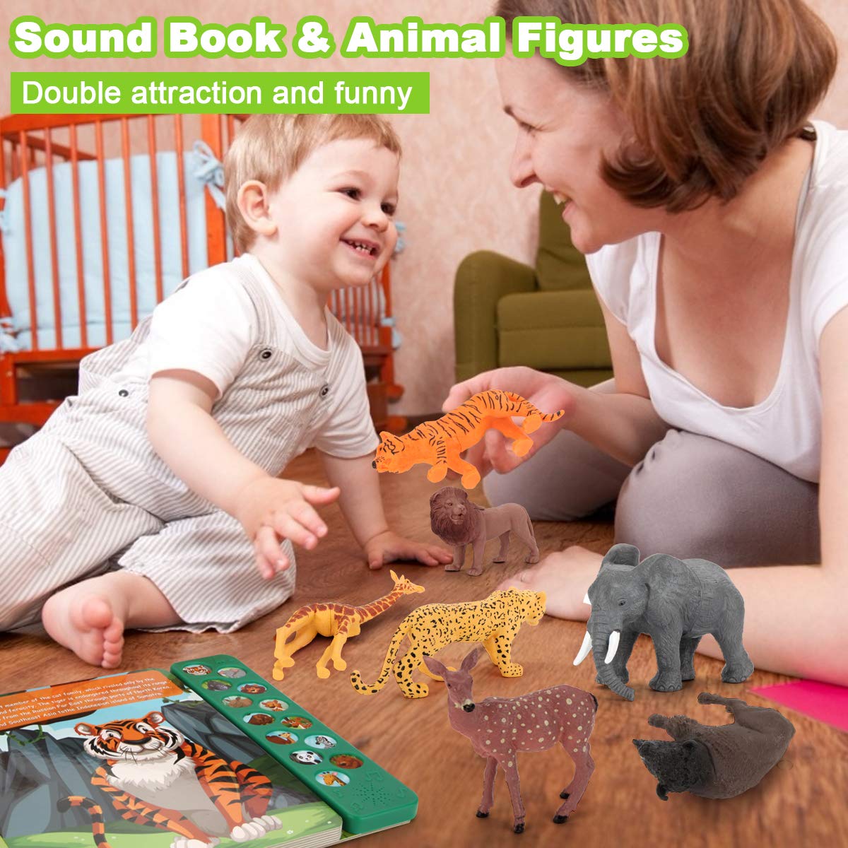 Safari Animal Figures Toys Set - 13 Realistic Wild Plastic Animal Figurines with Kids Sound Book - Educational Learning Toys Gift for Boys Girls Ages 3+ - Perfect for Jungle Themed Parties, Preschool Learning & Imaginative Play