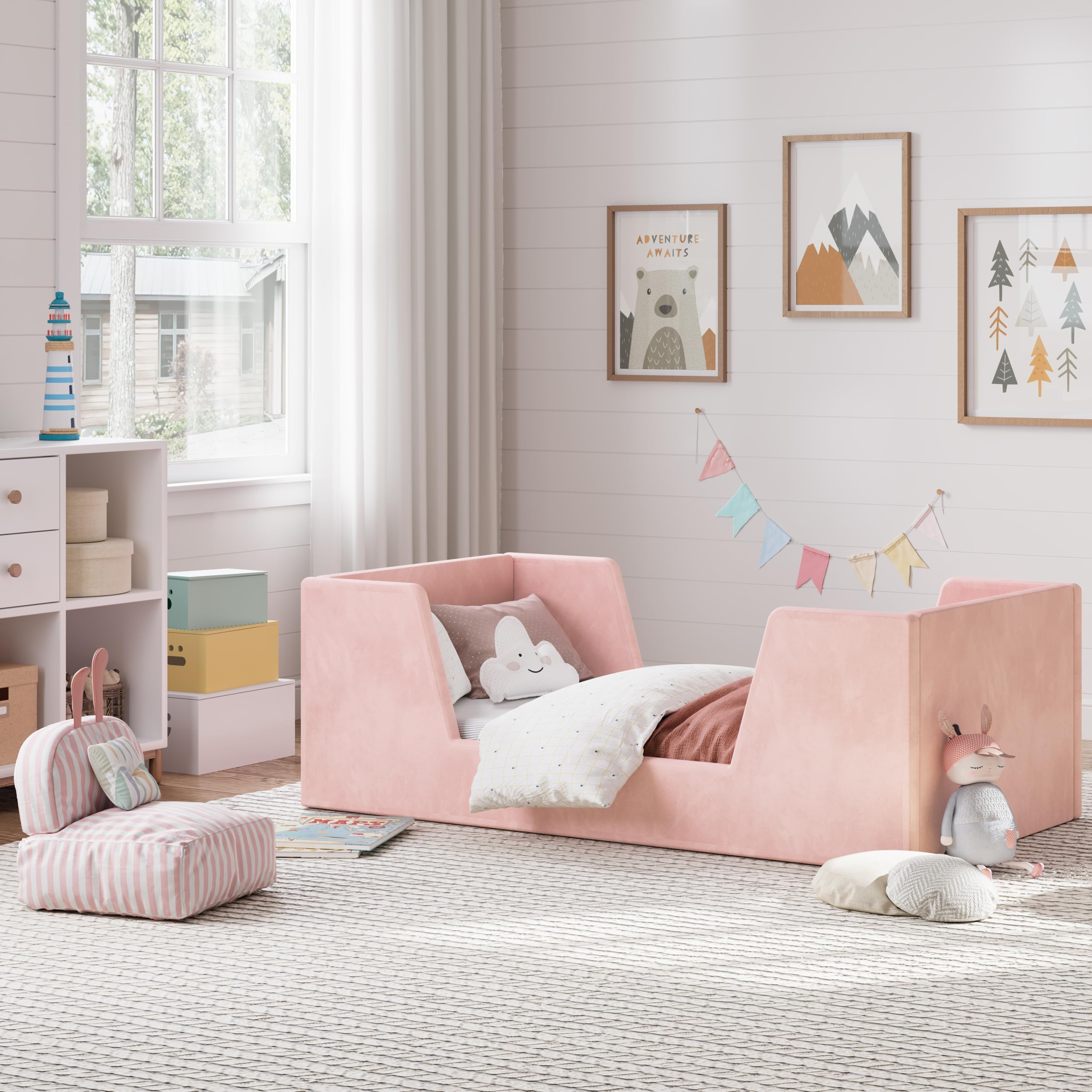 **Toddler Floor Bed with Guard Rails - Safe & Sturdy Kids Bed for Ages 2-6 Years | Standard Crib Mattress Compatible | Certified Fabric Toddler Bed for Boys & Girls | Perfect for Bedrooms, Daycare & Montessori Rooms**