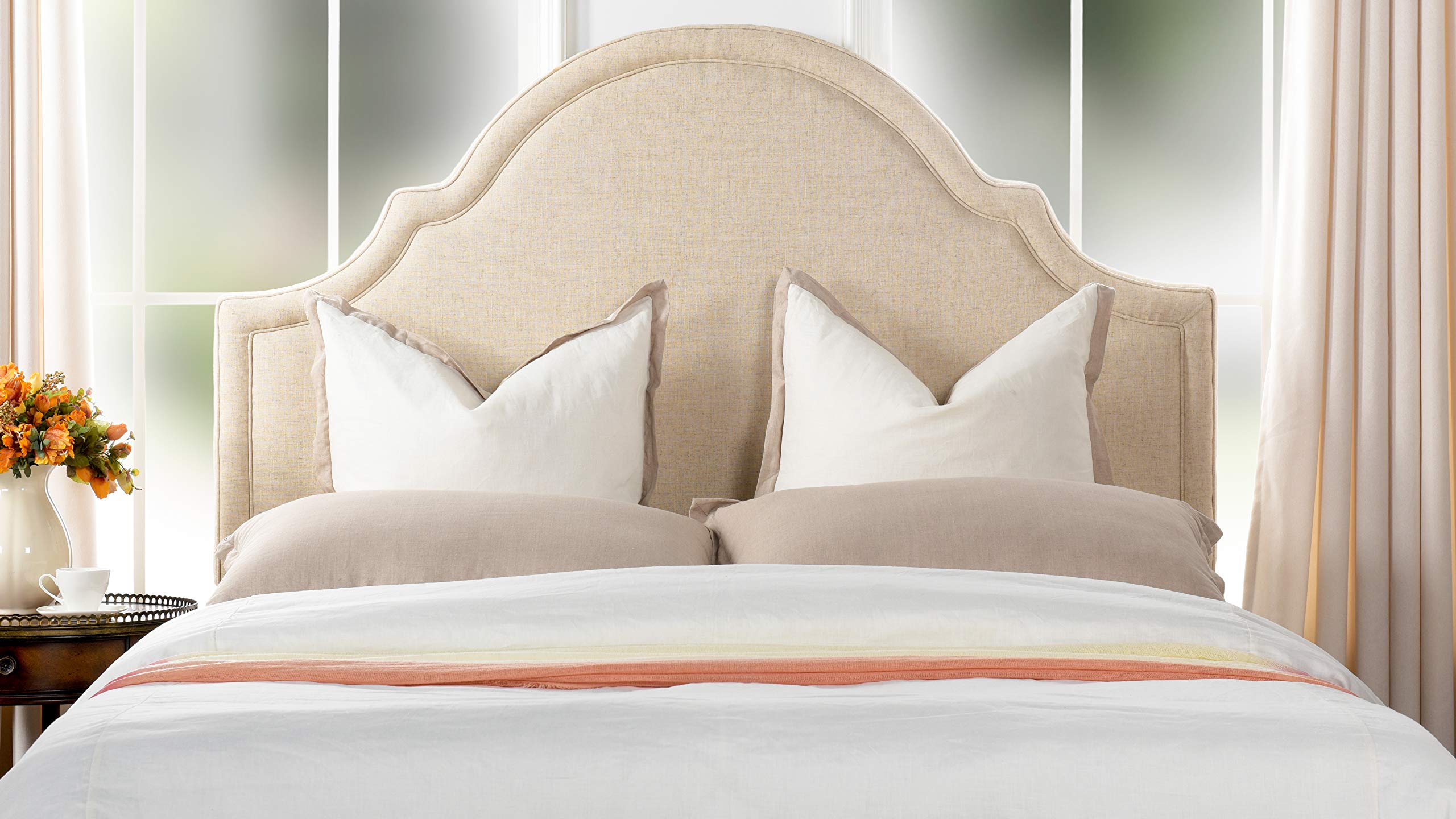 Jennifer Taylor Home Luxury Queen Size Adjustable Linen Blend Upholstered Camel Back Headboard with Trim - Natural - Perfect for Master Bedroom, Guest Room & Home Decor Upgrade