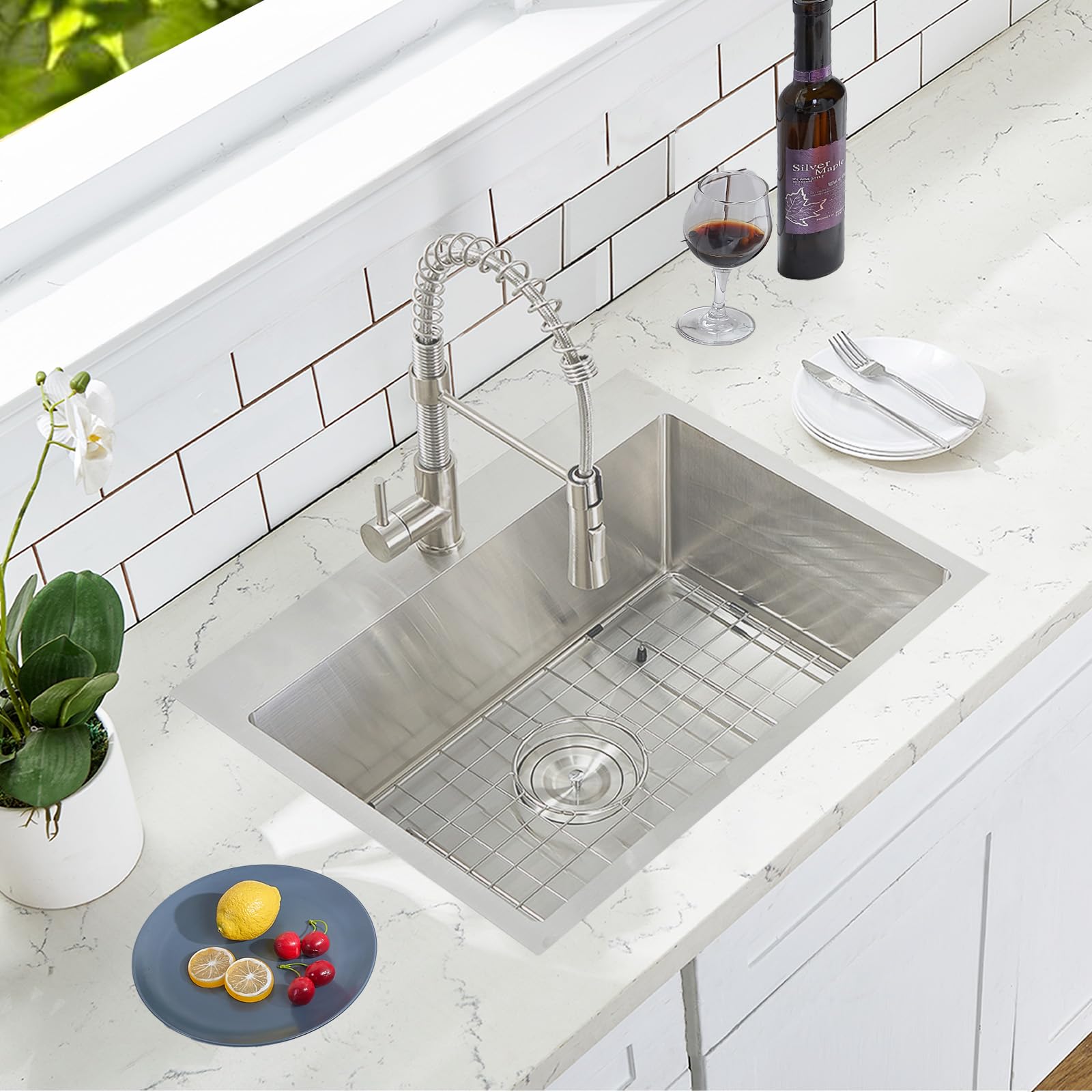 VCCUCINE 22x18 Inch Drop-in Kitchen Sink - 16 Gauge Topmount Stainless Steel RV Small Bar Sink with Strainer - Handmade Brushed Nickel Prep Sink for Outdoor, Wet Bar & RV Kitchen Use