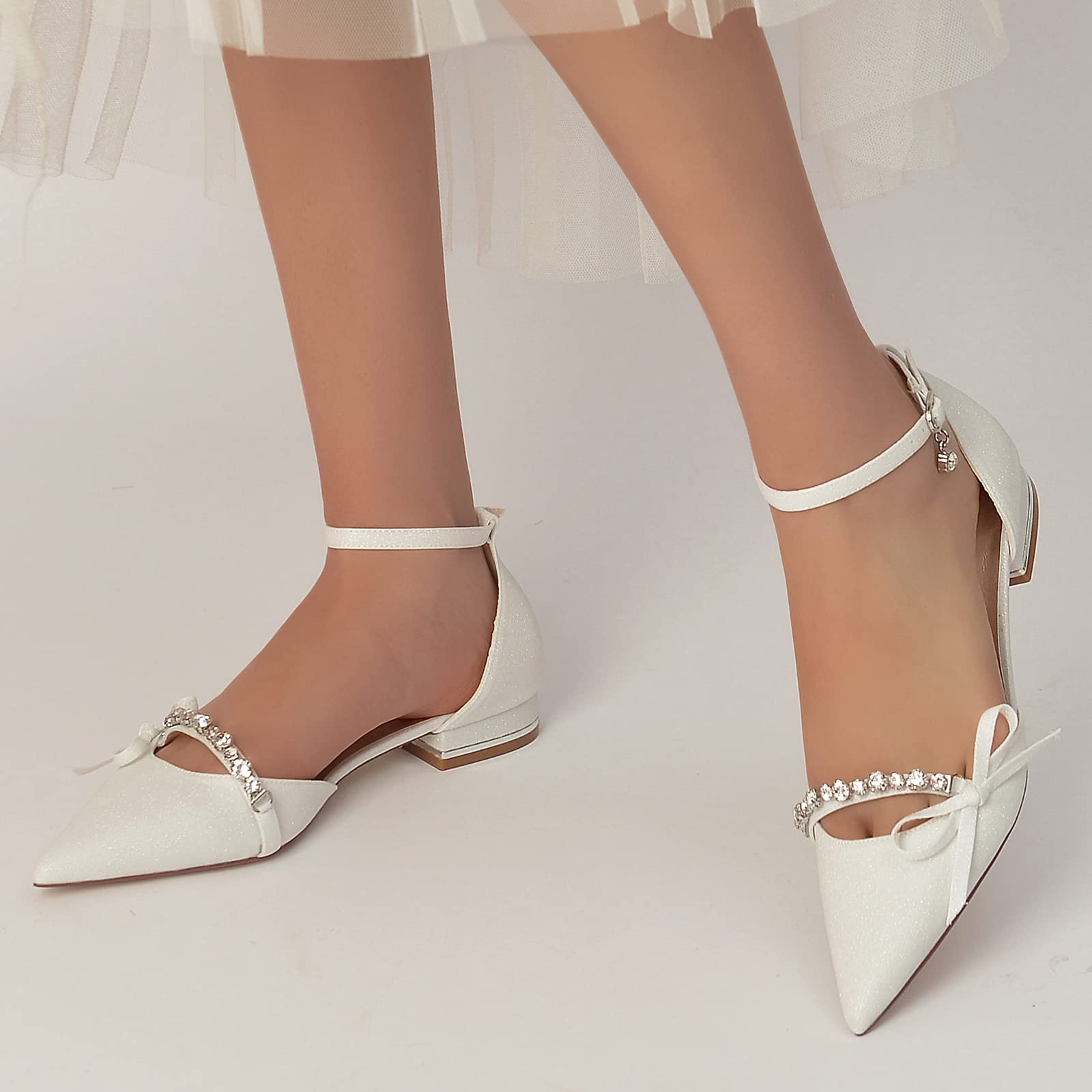 Sparkly Rhinestone Bridal Flats - Women's Glitter Satin Pointed Toe Wedding Shoes for Bride | Comfortable Low Heel Dress Pumps for Wedding, Prom, Evening Party & Special Occasions